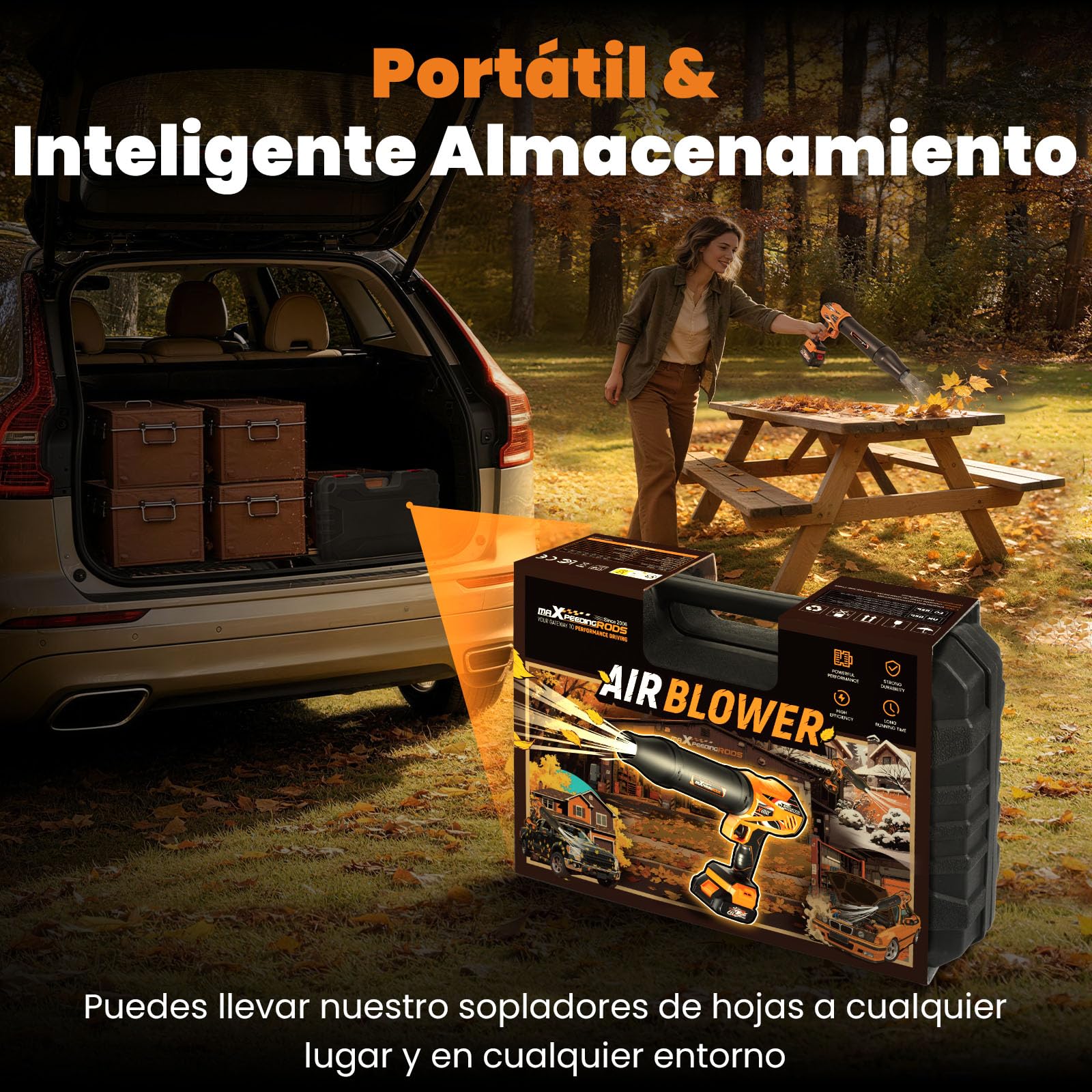 maXpeedingrods Sopladores de Hojas, Turbo Motor sin escobillas | con 2 baterías de 4,0Ah, 193km/h y 934m³/h, 3 boquillas, 1,35kg Soplador portátil para Auto, jardín, Hojas, Polvo y Nieve