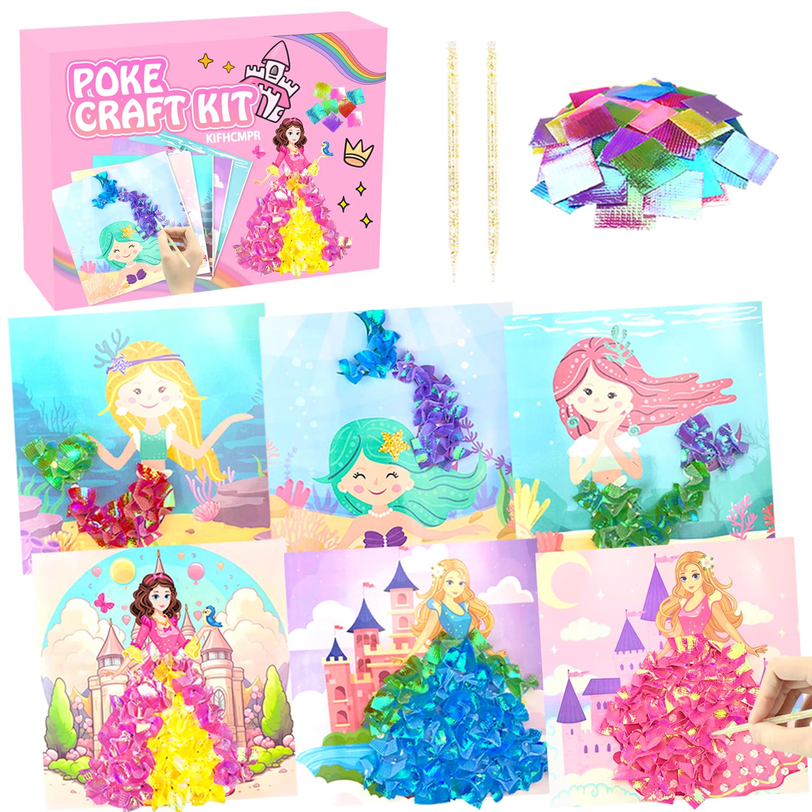 Poke-in Fun Art Fabric Craft,Magical Princesses Kits,Arts and Crafts for Kids,Mess Free Kids'Paper Craft Kits,Art Activity Birthday Ideas for Children,Toys for Girls &amp;Boys Ages 4-10+