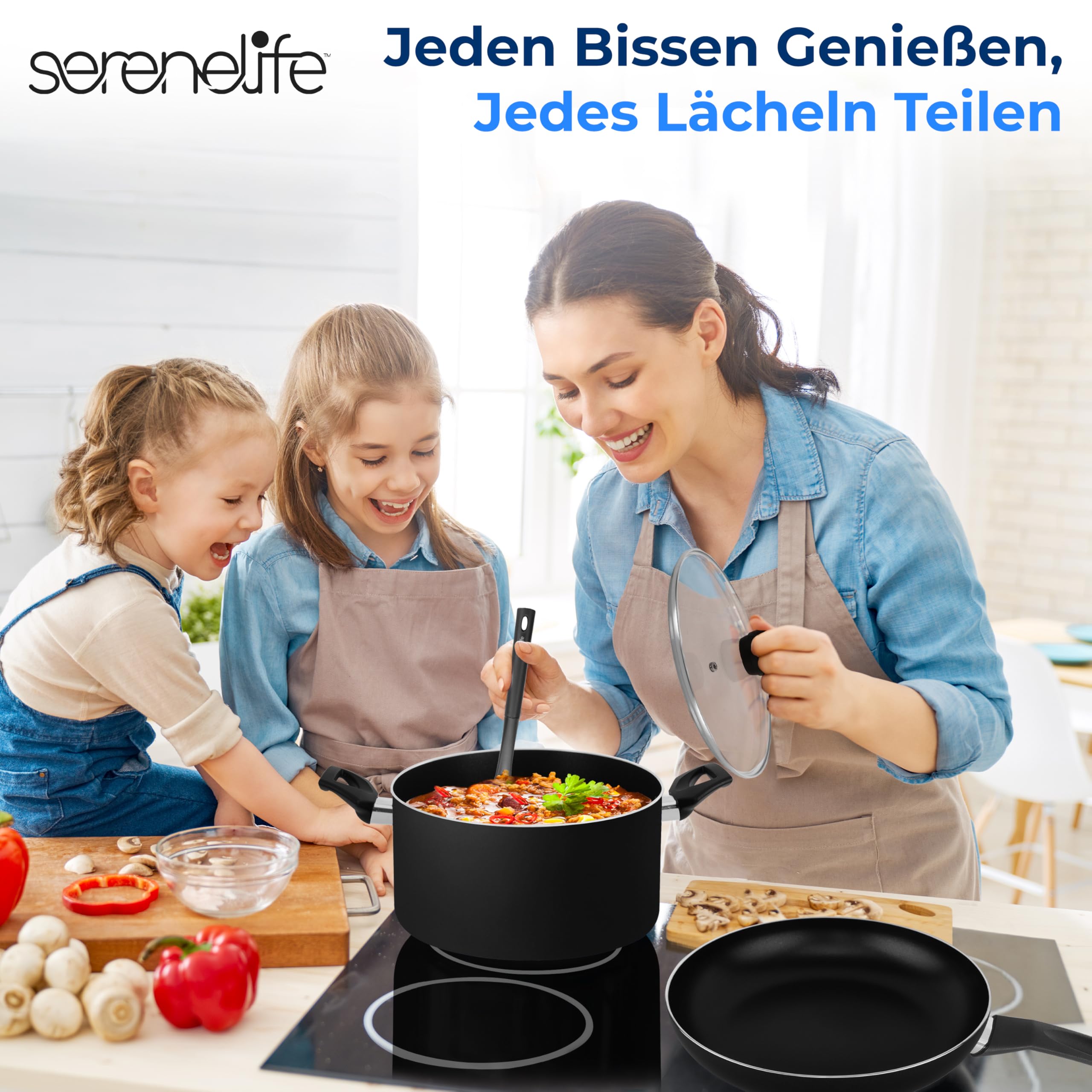 SereneLife Küchenutensilien, Basis-Topf und Pfannen, schwarze Antihaftbeschichtung im Inneren, hitzebeständige Lackierung (15-teiliges Set), eine Größe