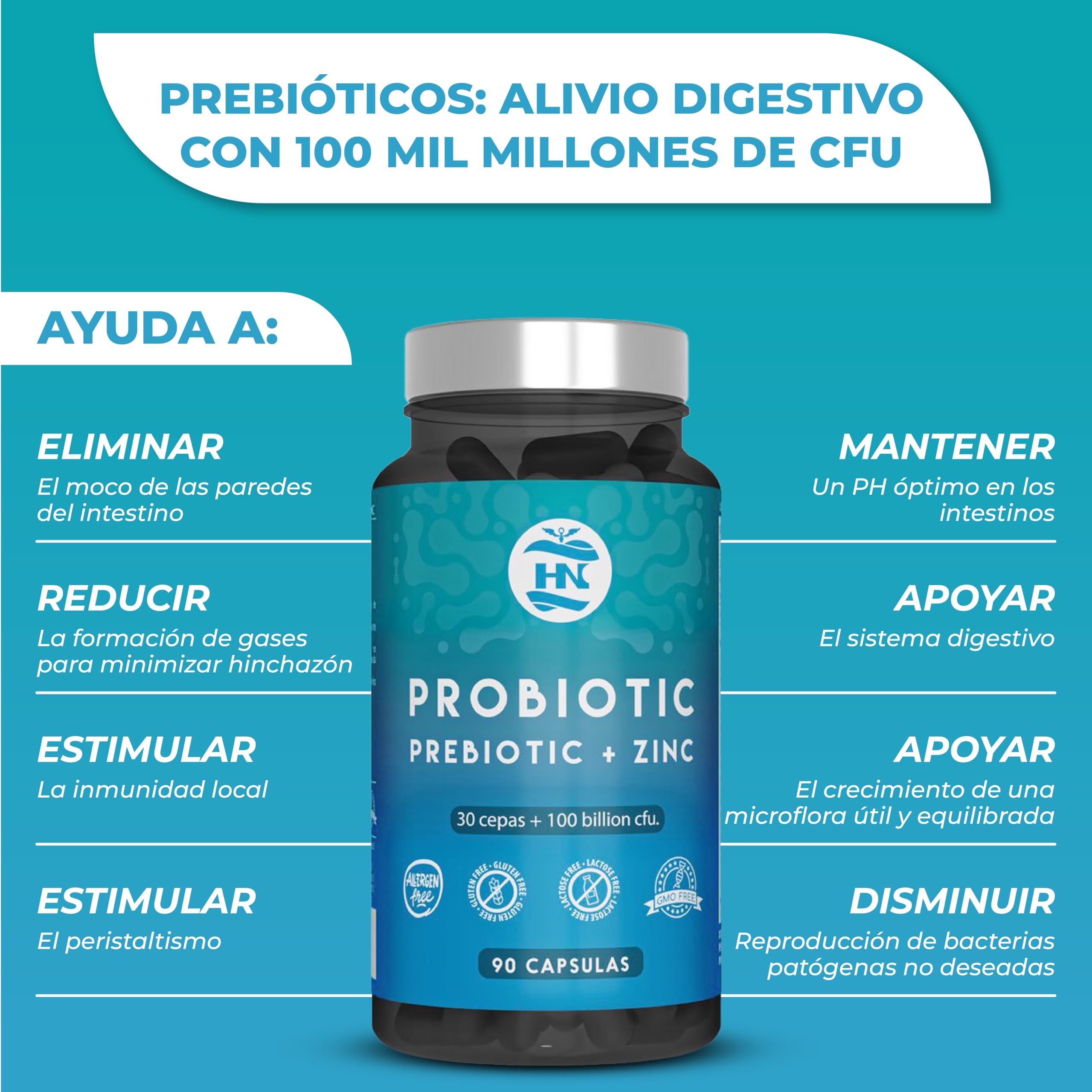 Probioticos y Prebioticos Intestinales 100 mil millones de UFC-30 Cepas Bacterianas Prebioticos y Probioticos con Zinc + Inulina Apoyo Inmunológico Probióticos para Flora Intestinal 90 Cáps (3 Botes)