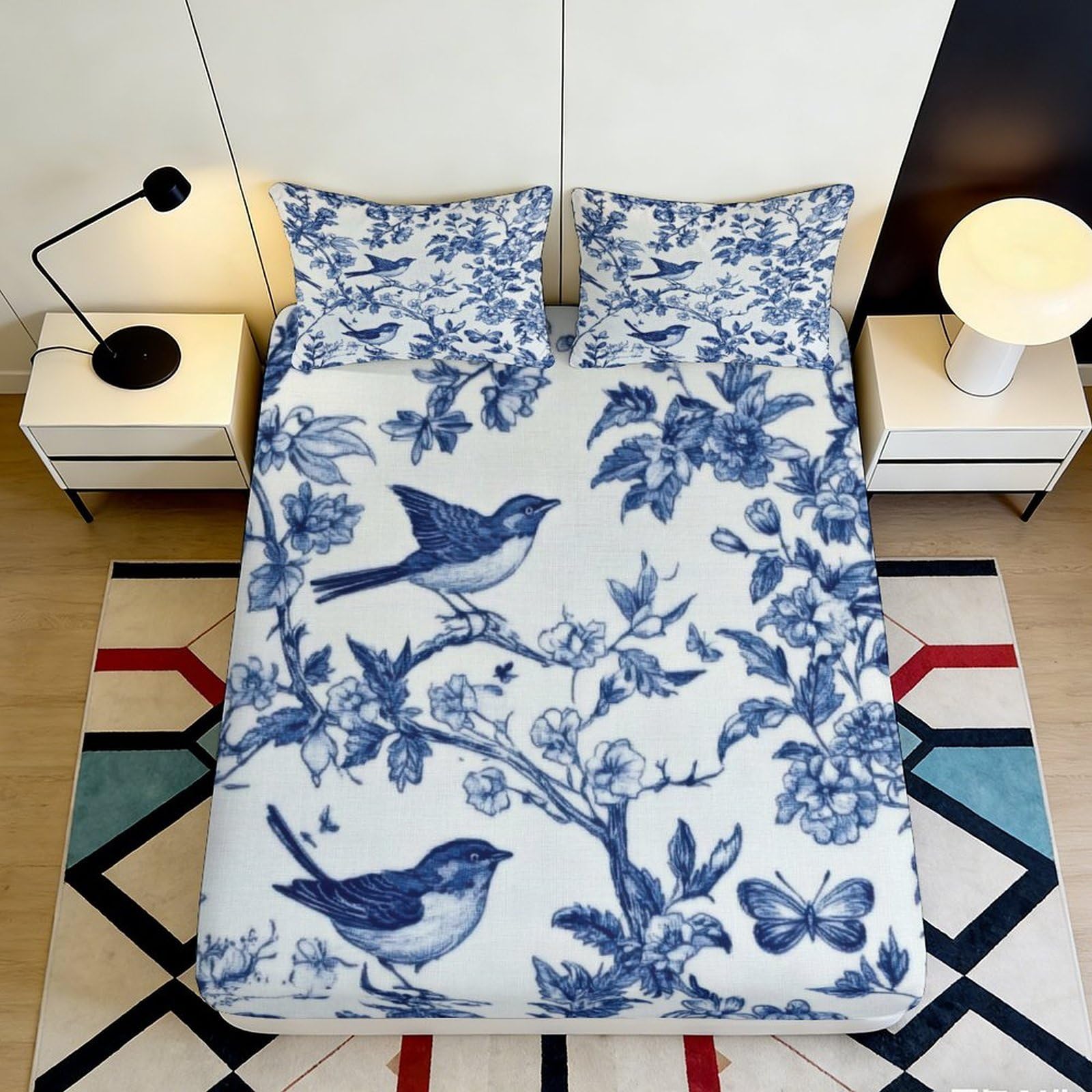 3D Printed Blue Floral Bird Fitted Sheet Microfiber Deep Pocket Elastic Hem Blue Birds Mattress Fitted Cover Non-Slip Bedroom Bedding 140x200x25cm