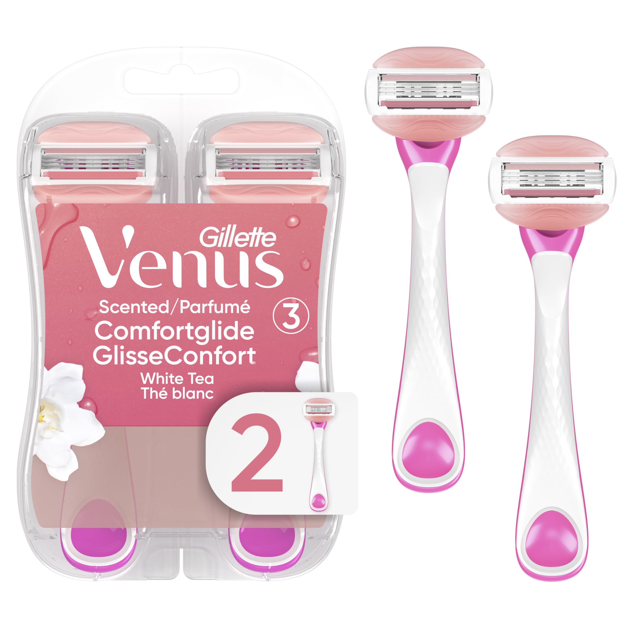 Gillette Venus ComfortGlide Disposable Razors for Women, 2 Count, White Tea Scented Moisture Bars for a Smooth Shave