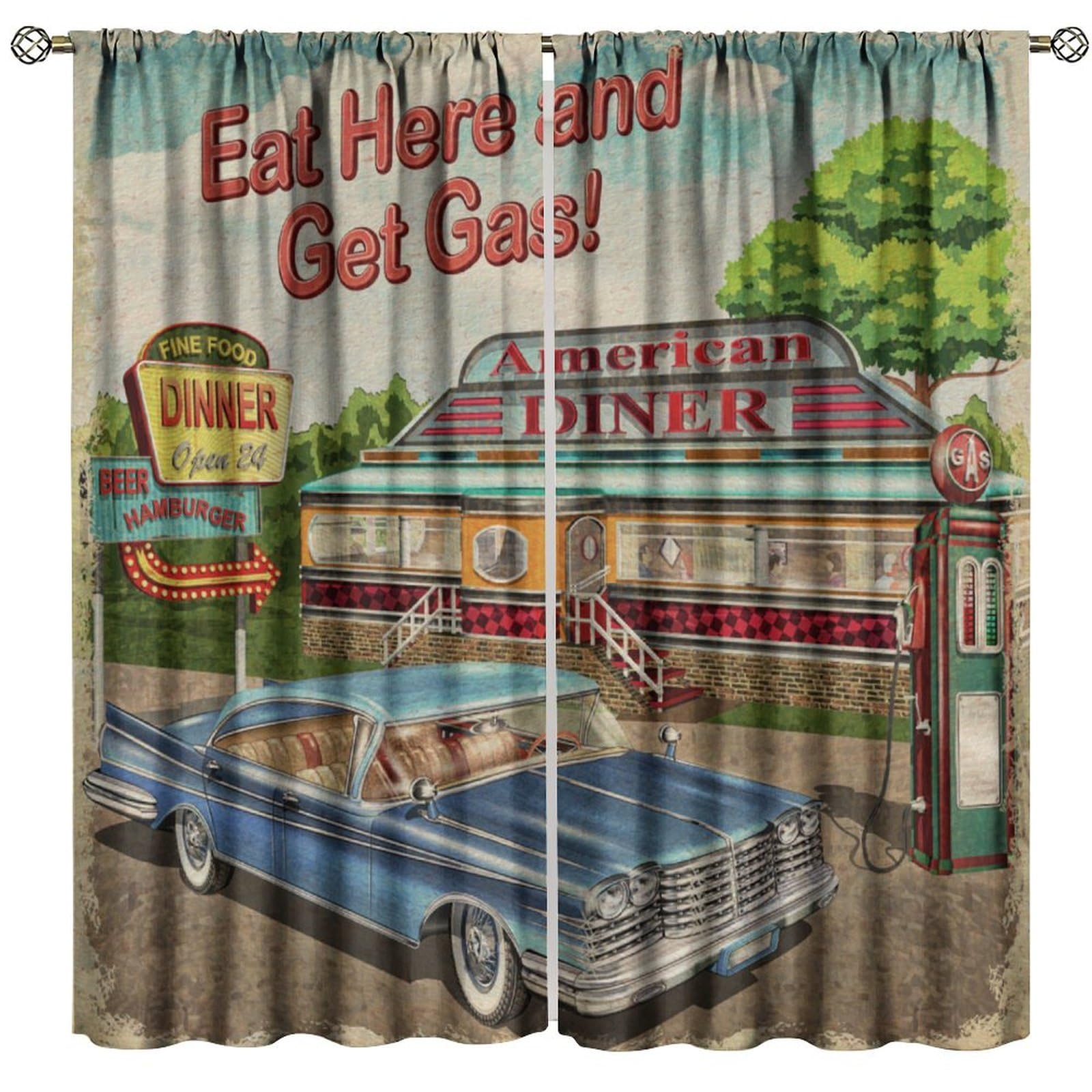 GoDazzling Vintage Car Blackout Window Curtains, Old Classic Car Theme American Retro Route 66 Window Treatment, for Bedroom Living Room 84" W X 84" L