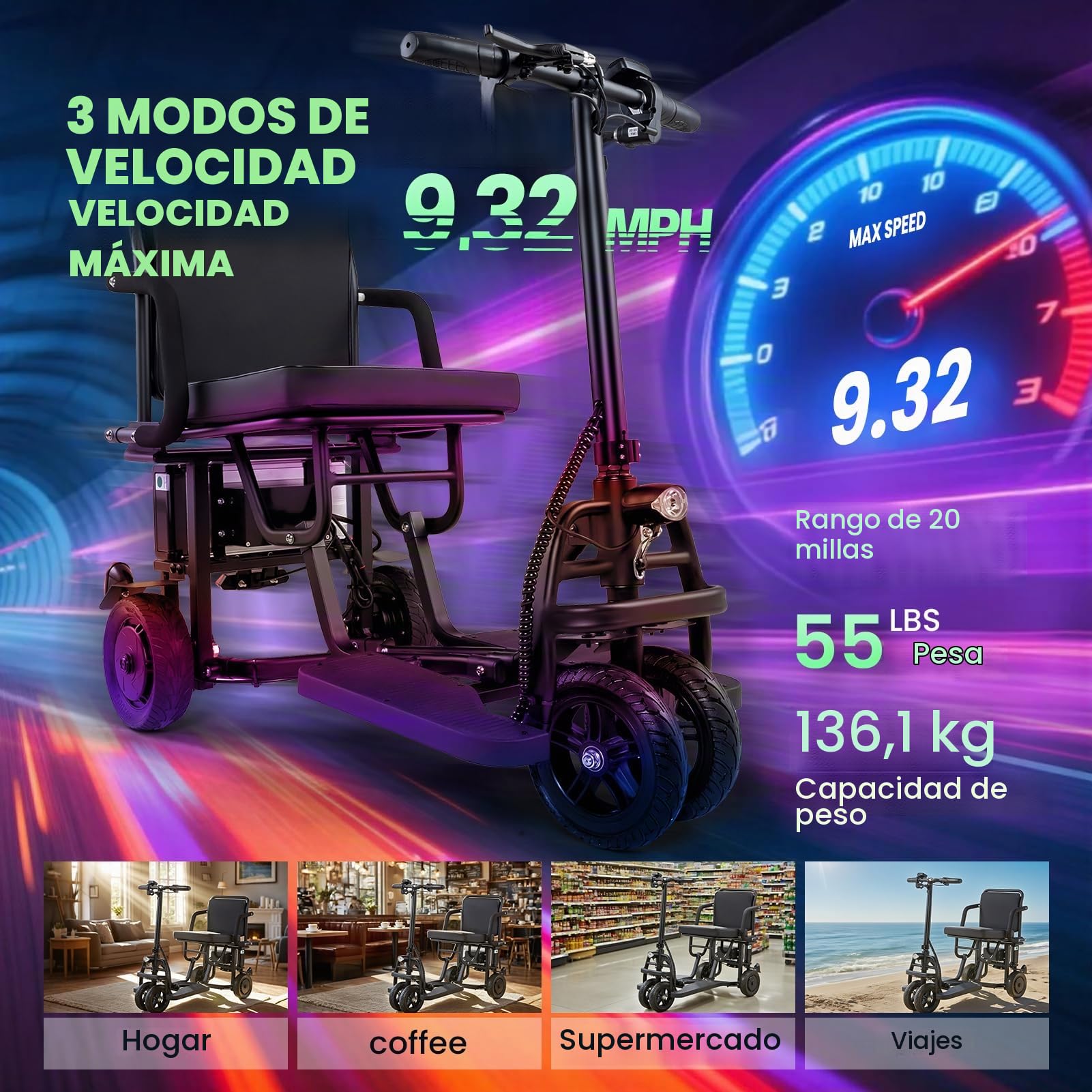 Silla de Ruedas Eléctrica,Scooter plegable ligero de 4 ruedas, 20 Km, Silla de Ruedas Eléctrica Plegable Ligera, silla de ruedas eléctrica plegable, ligera hasta 130 kg