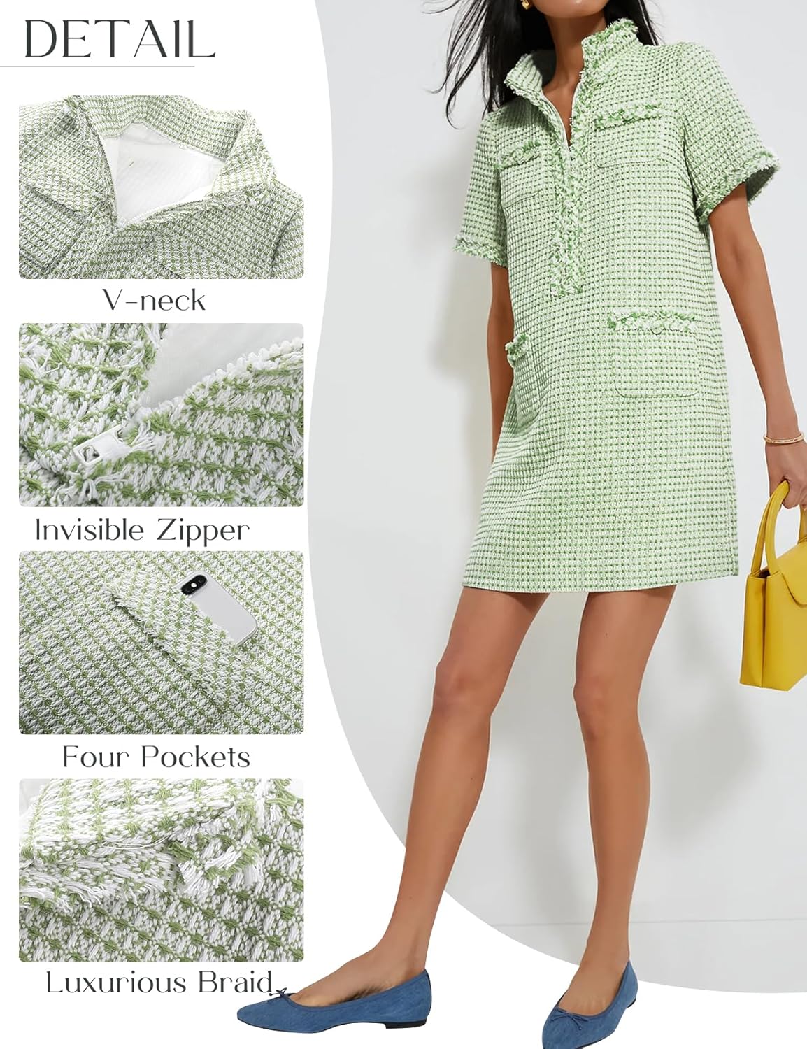 COZYPOIN Womens Tweed Mini Dress Elegant V Neck Short Sleeve Business Shift Dresses for Work Casual 2026 Fashion - Image 7