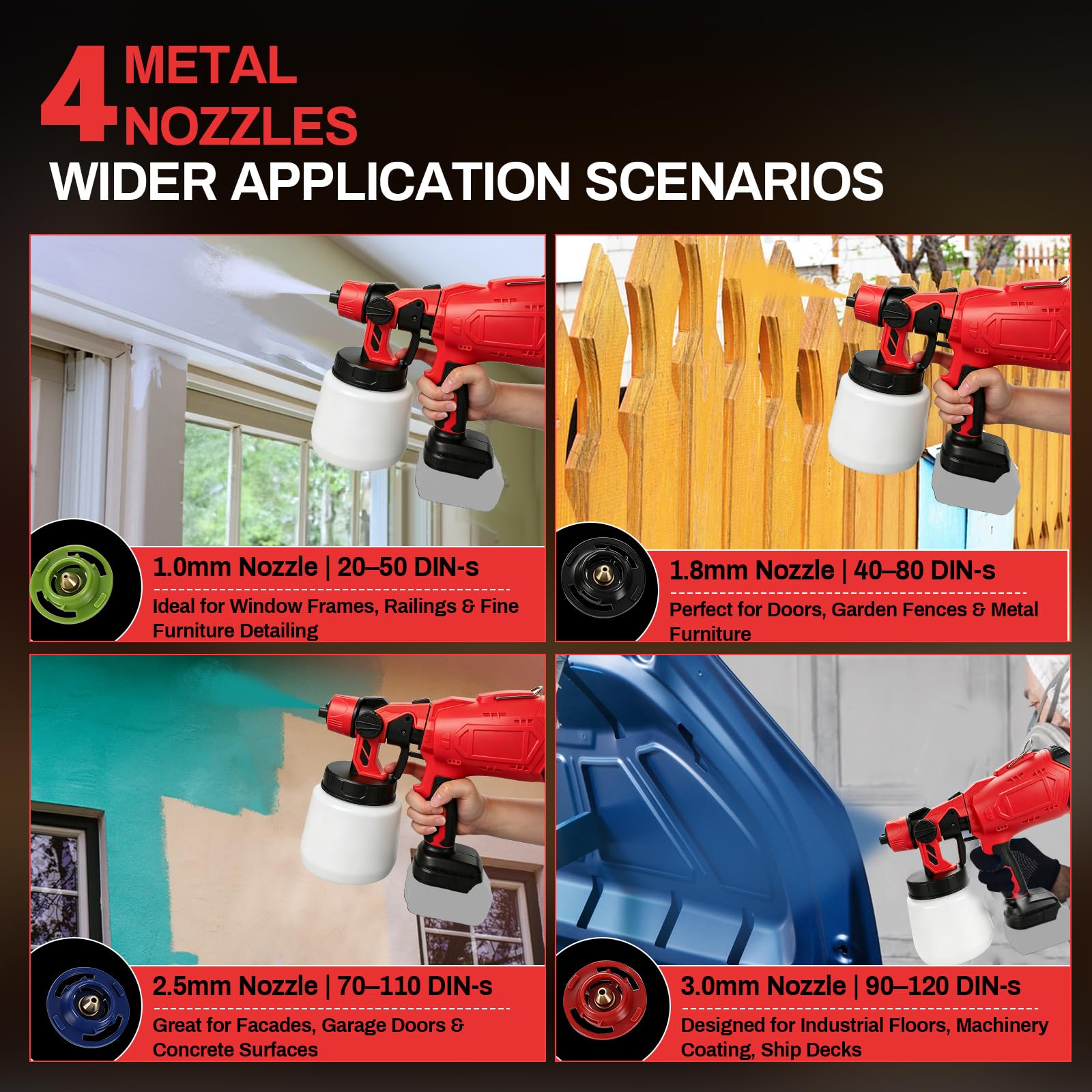 Spruzzatore di vernice senza fili compatibile con Milwaukee 18 V, pistola a spruzzo elettrica HVLP con 4 ugelli in rame e 3 motivi per pareti di recinzione, pittura fai da te della casa