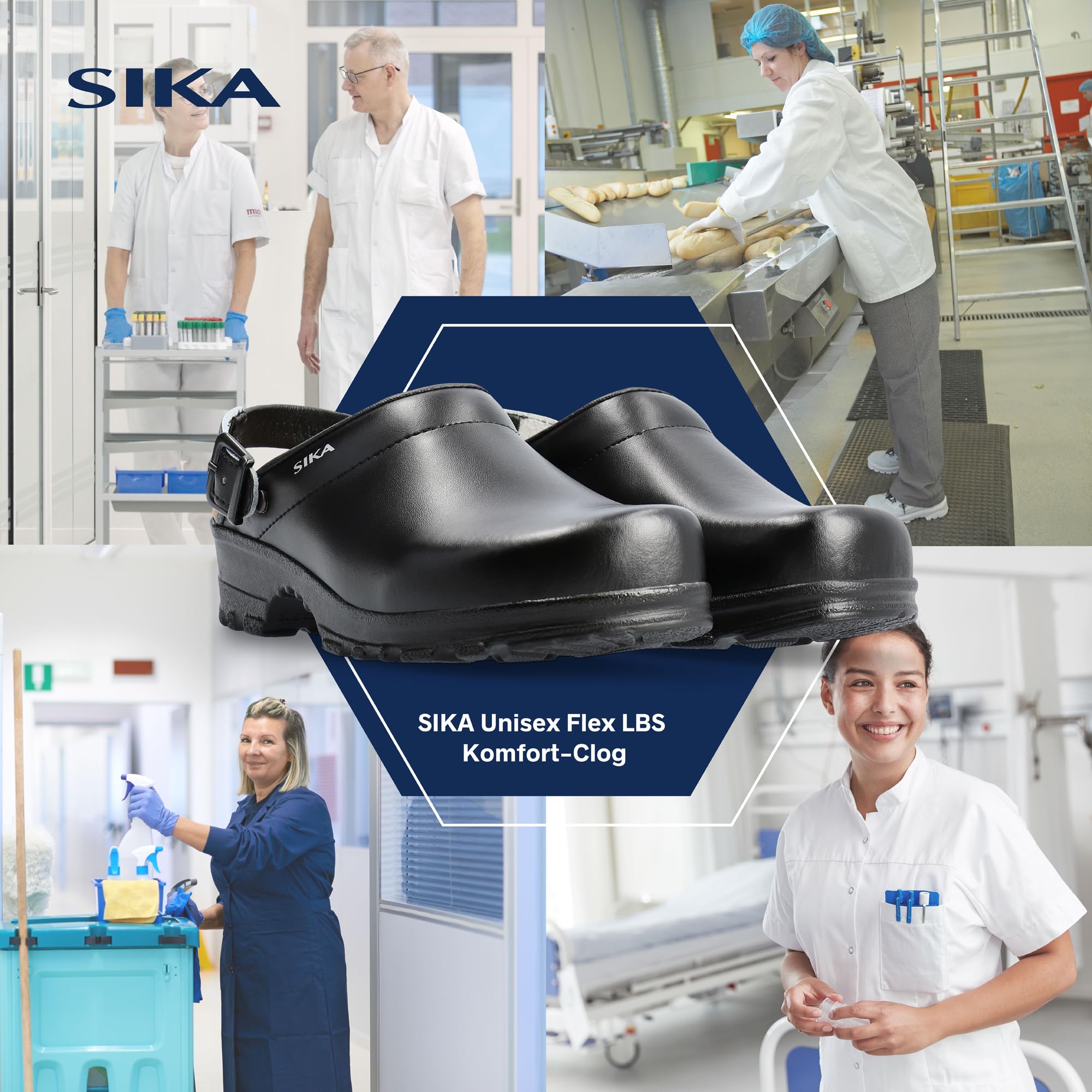 SIKA Unisex Flex LBS Komfort-Clog, weiches LBS-Fußbett mit Fersenriemen,breite Passform,Permair-Lederschuh,rutschfeste PU-Laufsohle für Krankenhäuser, Lebensmittelindustrie, Gastronomie & Pflegeberufe