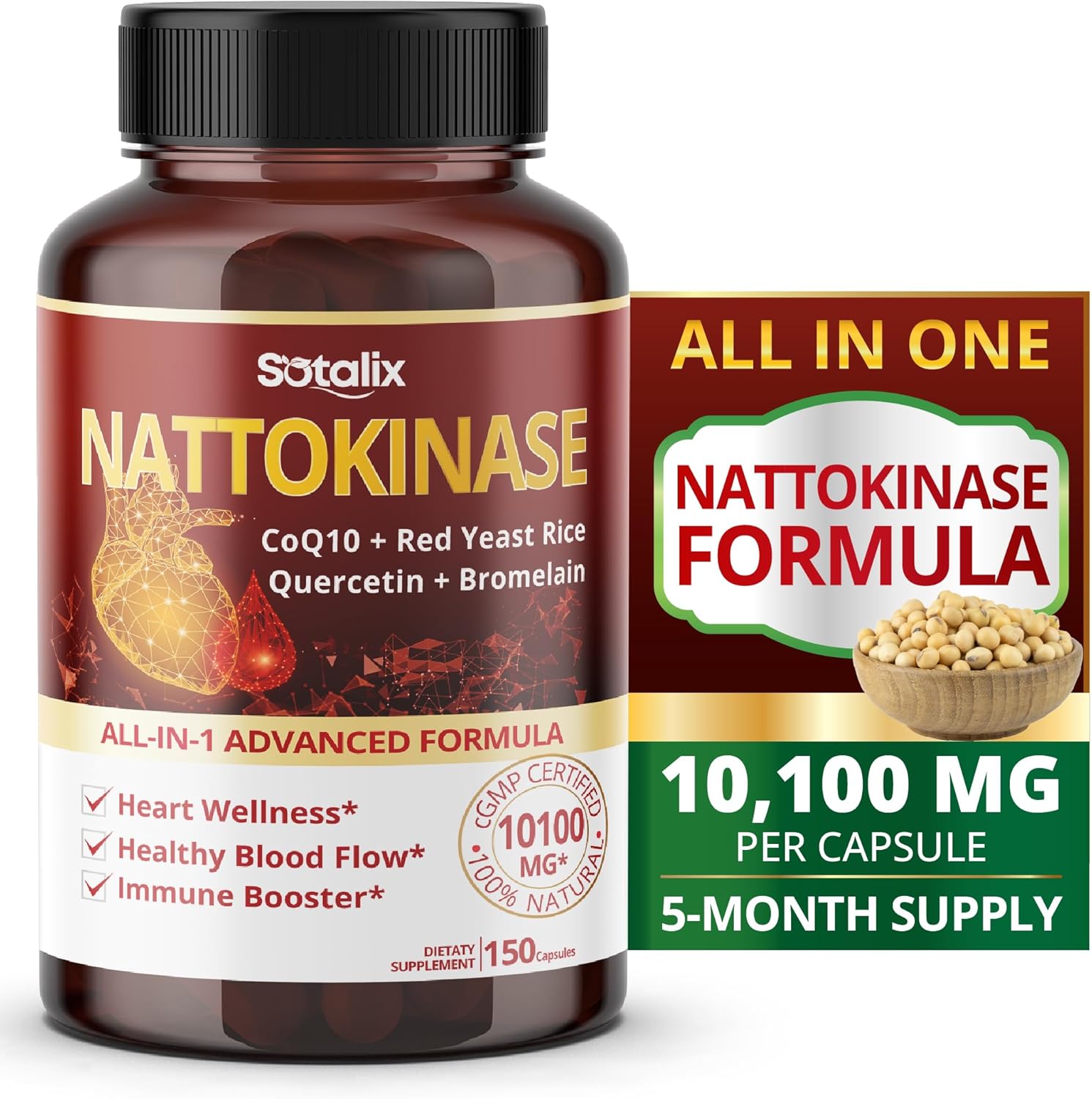 Nattokinase 10,100MG with CoQ10 + Red Yeast Rice Quercetin + Bromelain Immune