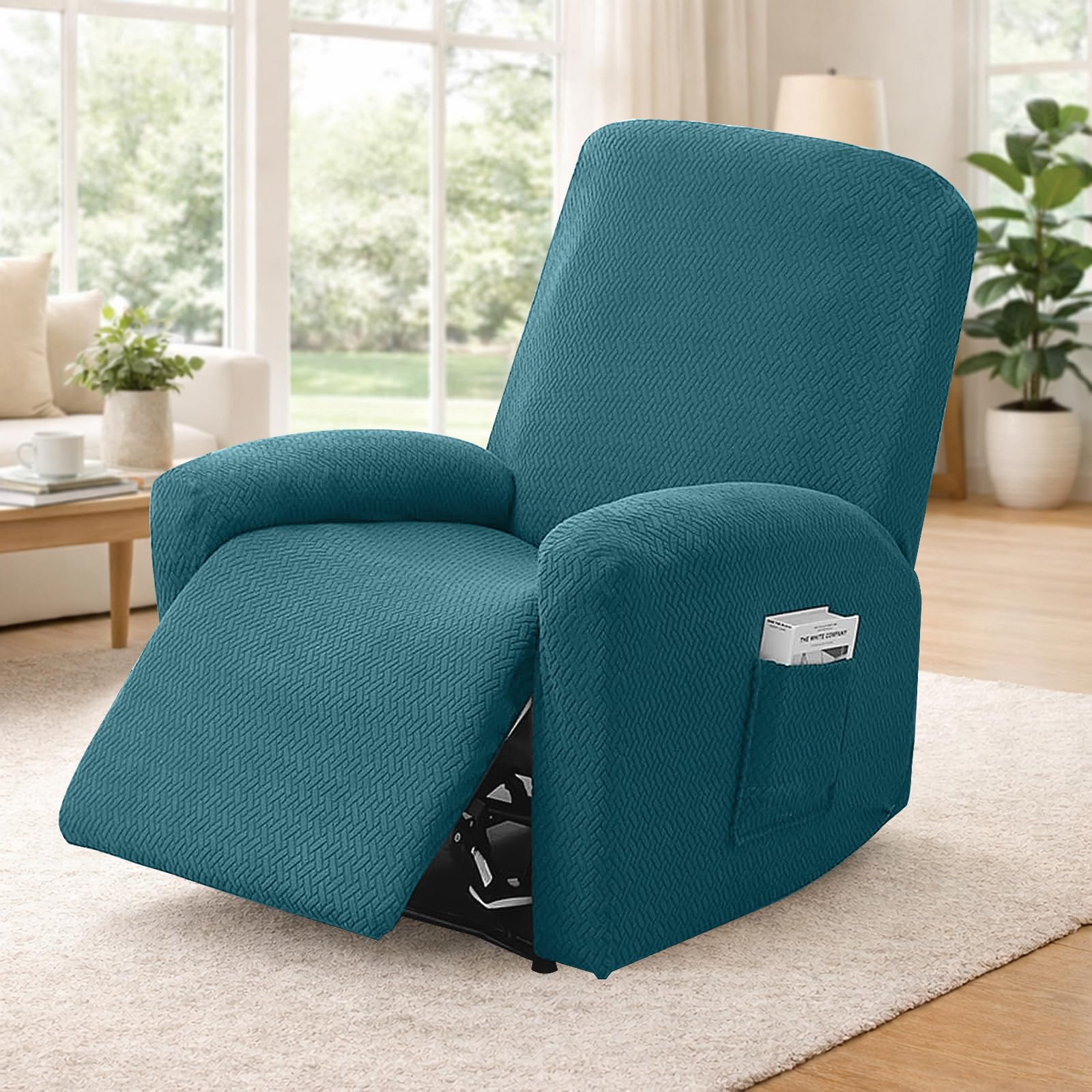 MeYuxg Set di 4 Copri Poltrona Relax Reclinabile, 1 Posto Elasticizzato con Tasche e Braccioli, Utte le Inclusive Strisce Jacquard, Lavabile (Verde)