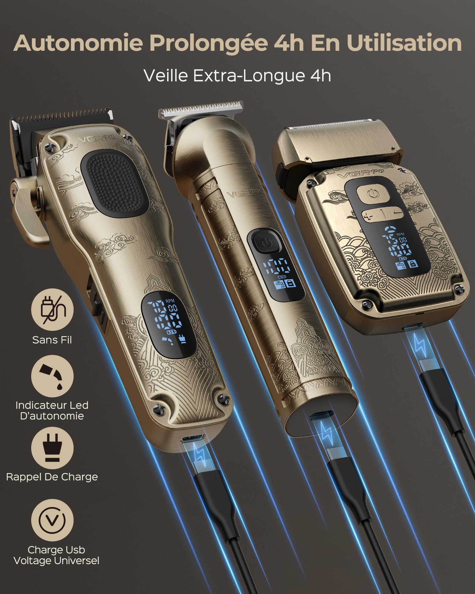 VGRPRO kit tondeuse cheveux hommes, barbe, Rasoir Electriques Imperméable à Grille, Tondeuse Cheveux Sans Fil, Réglage à 4 Vitesses, Affichage LED de la Batterie,Utilisation en Barber (Gloden)