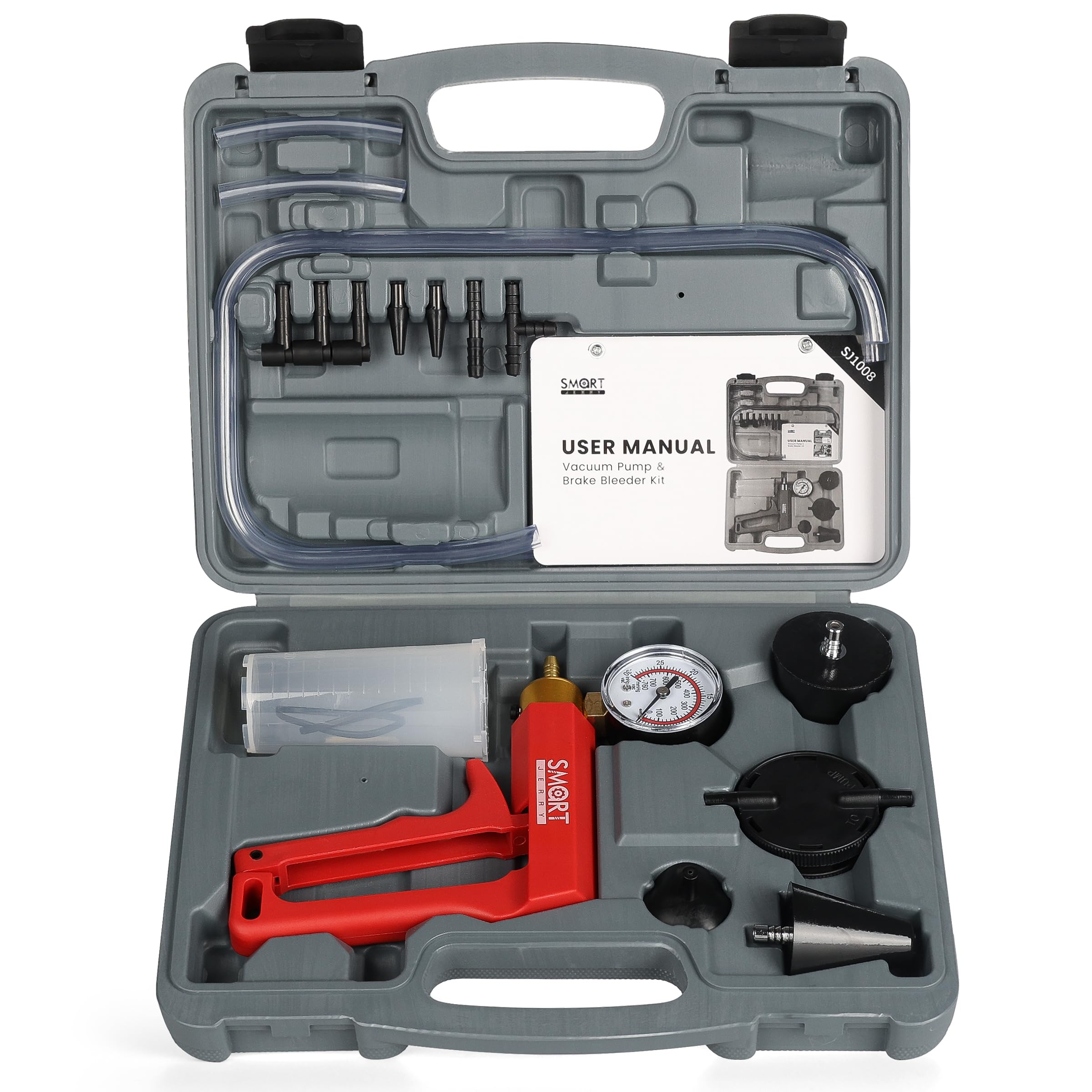 SMART JERRY - Kit de purge de frein avec pompe à vide manuelle | Kit de purge de liquide de frein 17 pièces pour moto | Outil de purge de frein à vide avec manomètre et étui de rangement