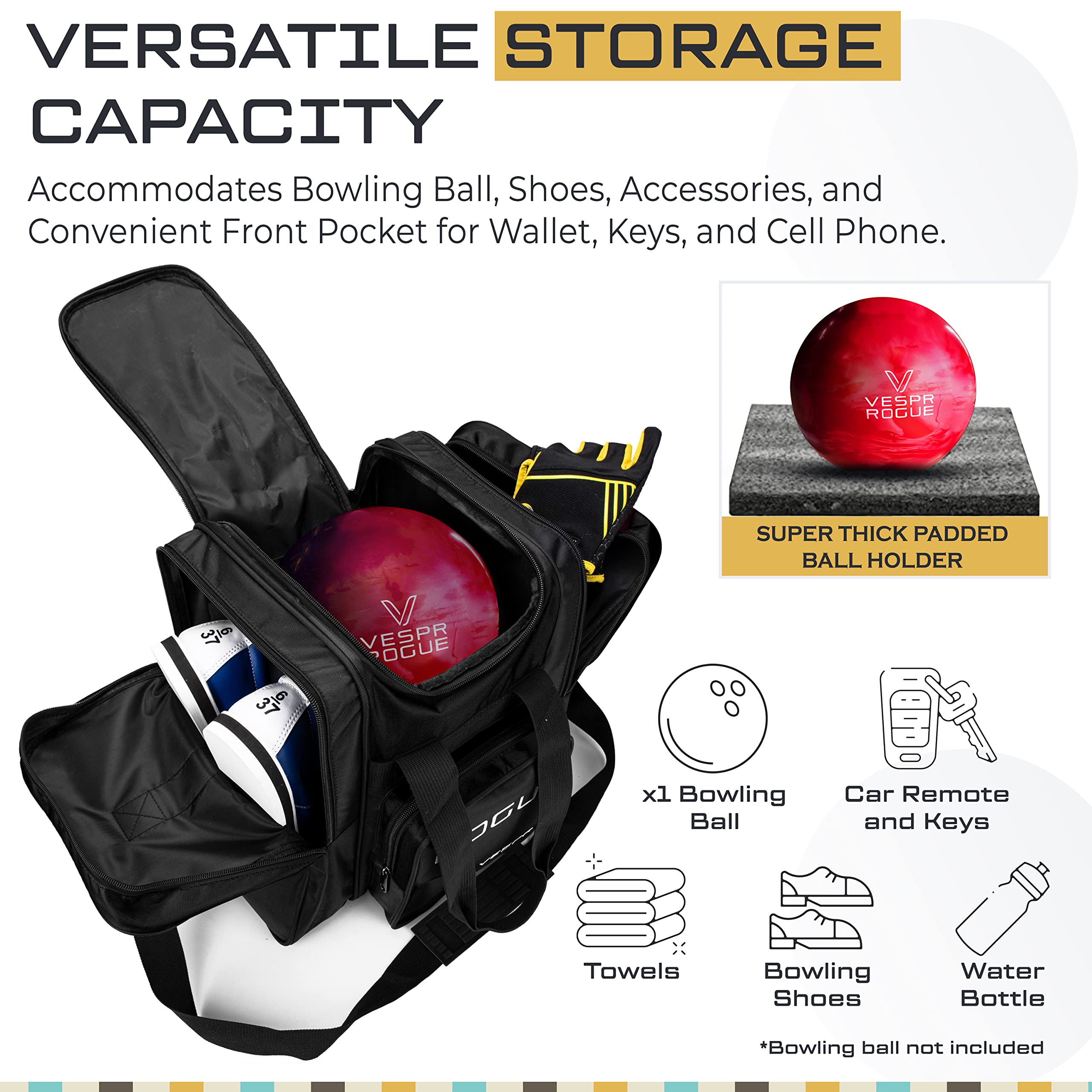 Vespr Rogue Deluxe Single Bowling Ball Tote Bowling Bag with included Ball Polishing cloth - Holds One Bowling Ball, One Pair of Bowling Shoes Up to Mens 15 Shoes, and Accessories (Black)