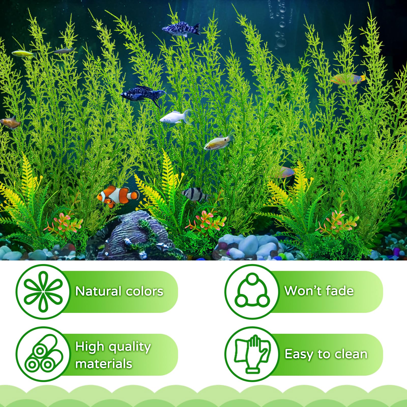 QUOZUO Accessoires pour aquarium - Grandes plantes vertes - Décoration d'aquarium - Plantes en plastique - 3 pièces