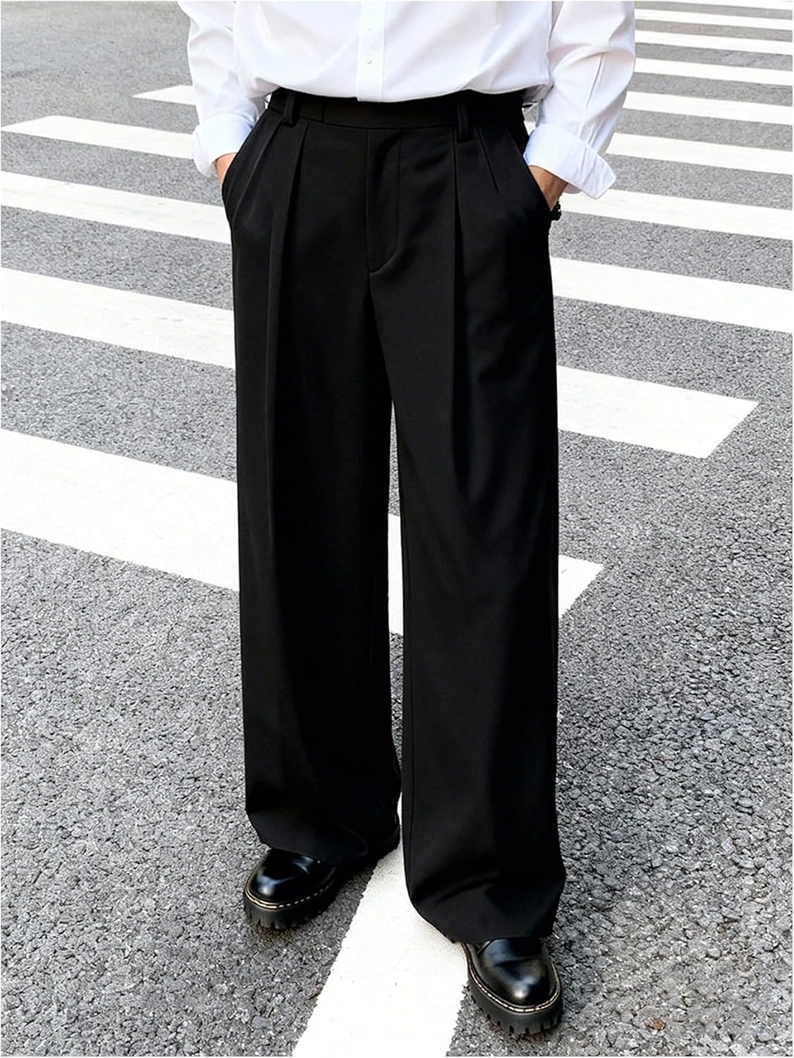 OYOANGLE Men's Pleated Dress Pants Wide Leg Elastic Waist Business Suit Pants with Pockets
