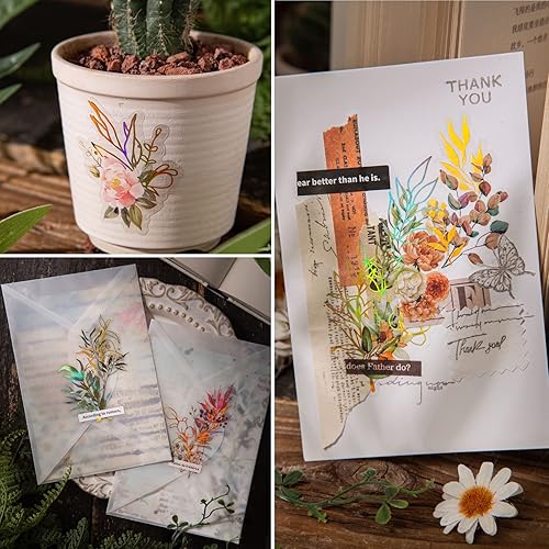 Miniatura 5 de LakoArt 240 calcomanías botánicas de lámina dorada con fondo transparente, flores holográficas de eucalipto, calcomanías florales para diario,