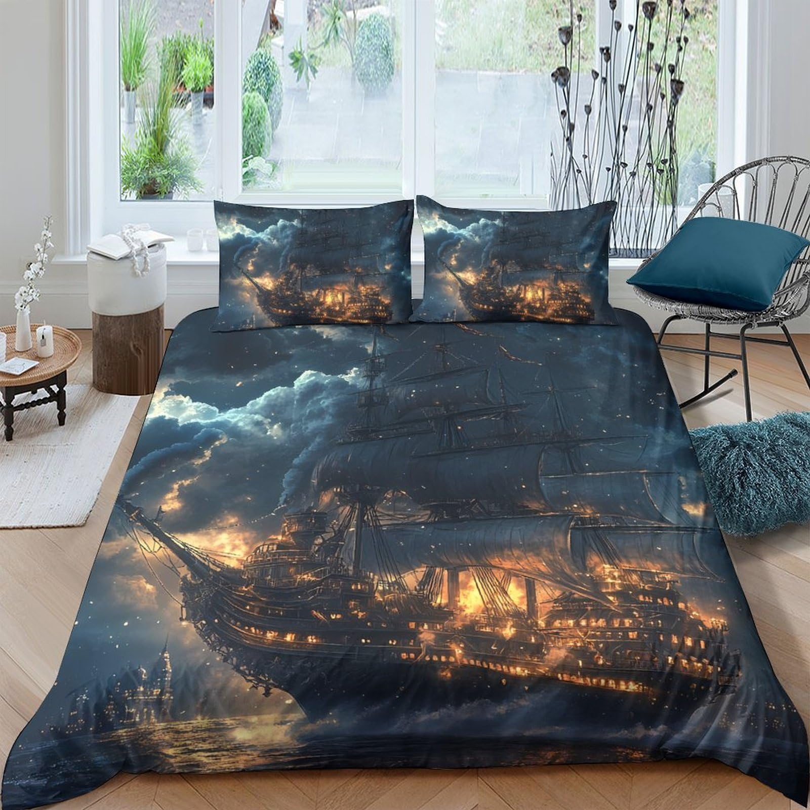 Ctjqhvkz Style-4 3D Printed Pirate Ship Fitted Sheet Microfiber Dark Ocean Night Mattress Cover For Bedroom Living Room Decor Single（135X200cm）