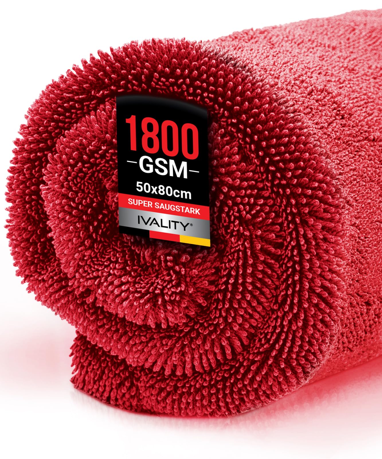 Ivality® Auto Trockentuch XXL 80x50 cm – 1800 GSM Ultra Saugstarke Mikrofasertücher für Autopflege und Motorrad, Fusselfreies, Lack-schonendes Twisted Towel Microfasertücher - Rot