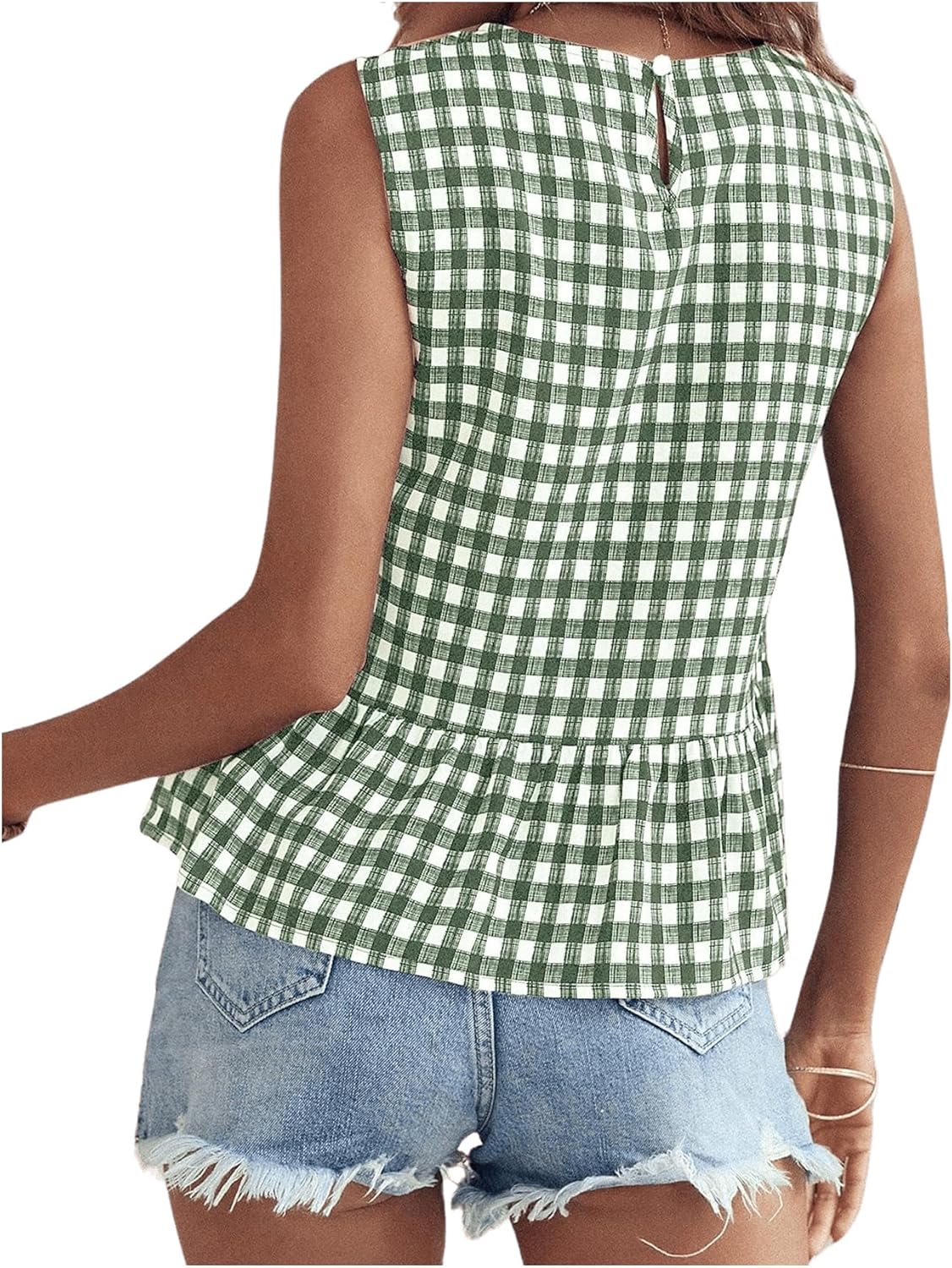 Floerns Women's Gingham Print Sleeveless Round Neck Ruffle Hem Peplum Blouse Top - Image 2