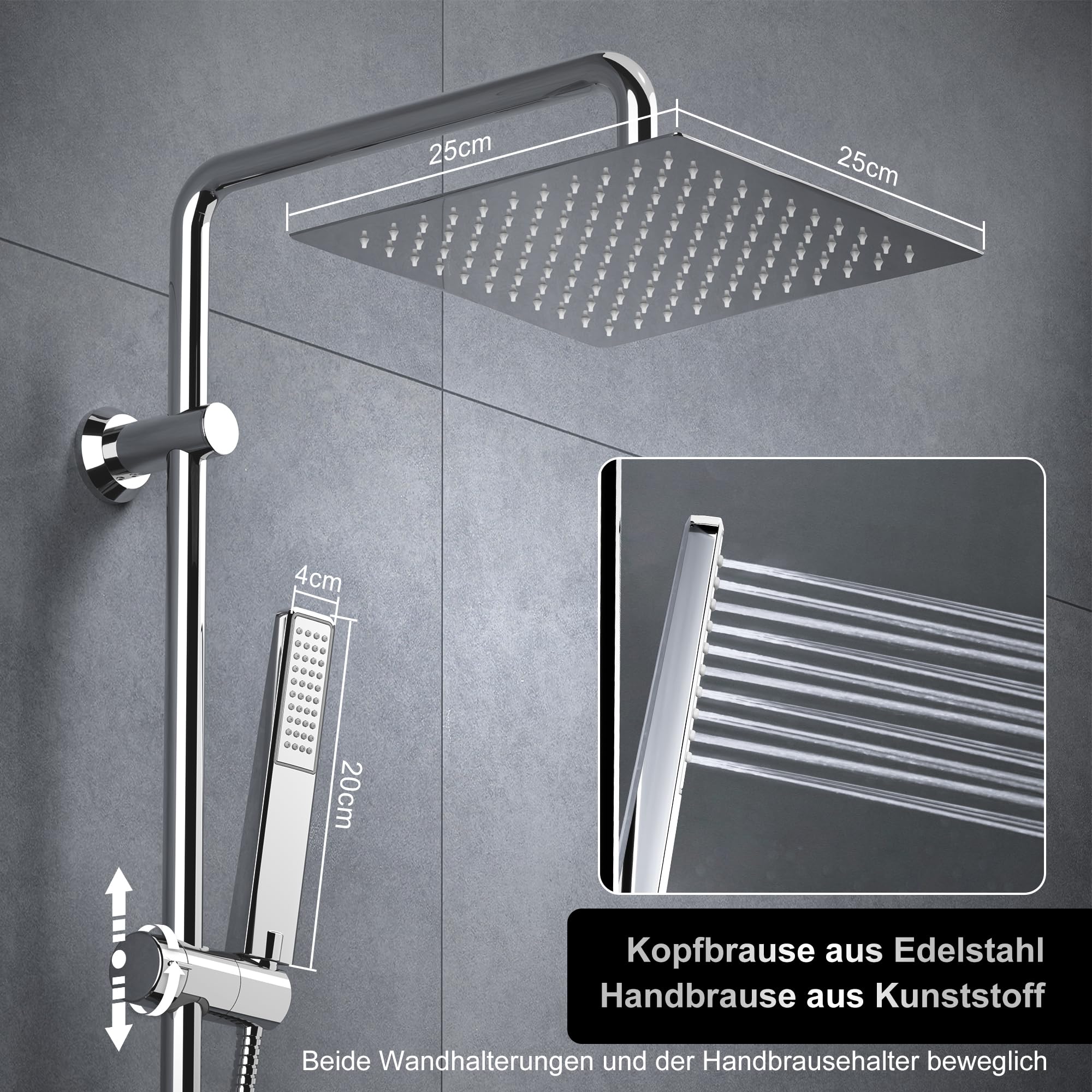 Görbach System prysznicowy z deszczownicą, drążek prysznicowy z półką, zestaw prysznicowy bez armatury prysznicowej, chrom (25 x 25)