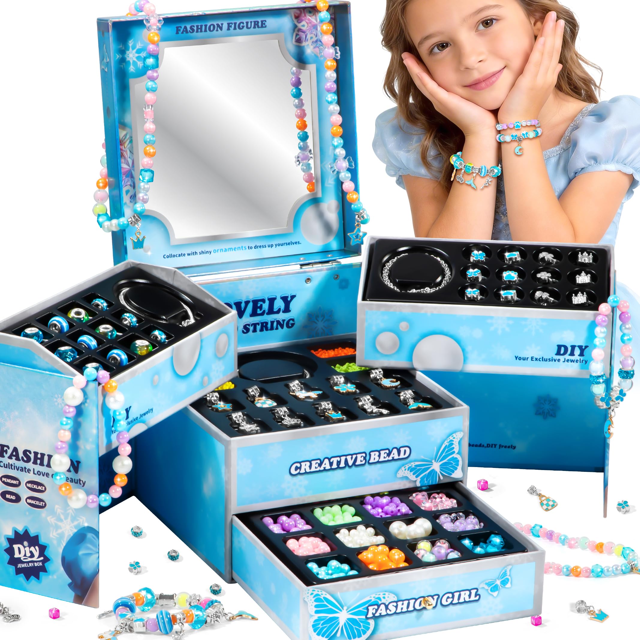 WOANZZ Charm Bracelet Making Kit, DIY Jewelry Making Kits for Girls 8-12, Jewelry Box with Beads Necklace Kit Crafts Birthday for 6 7 8 10 11 12 Year Old Girl, Blue