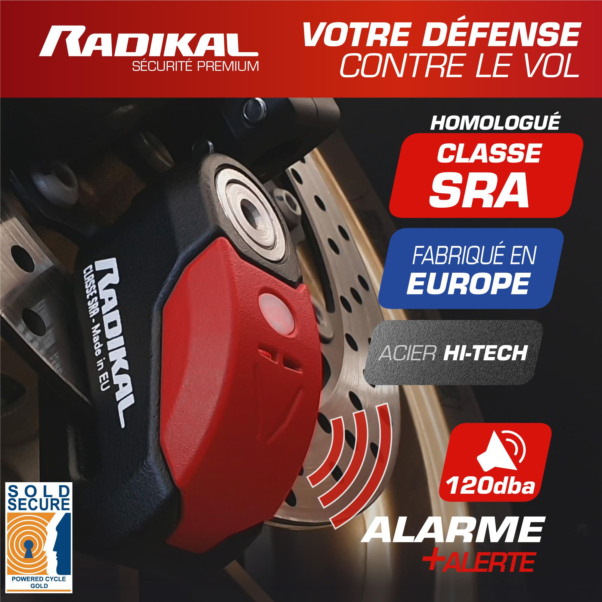RADIKAL RK10 Antivol Moto Homologué SRA Bloque Disque | Alarme Premium 120dB, on/Off Activation, LED Alerte, Warning Pre-Alarm | Double Verrouillage Acier Cémenté 10mm, Bloc Sécurité Moto Scooter