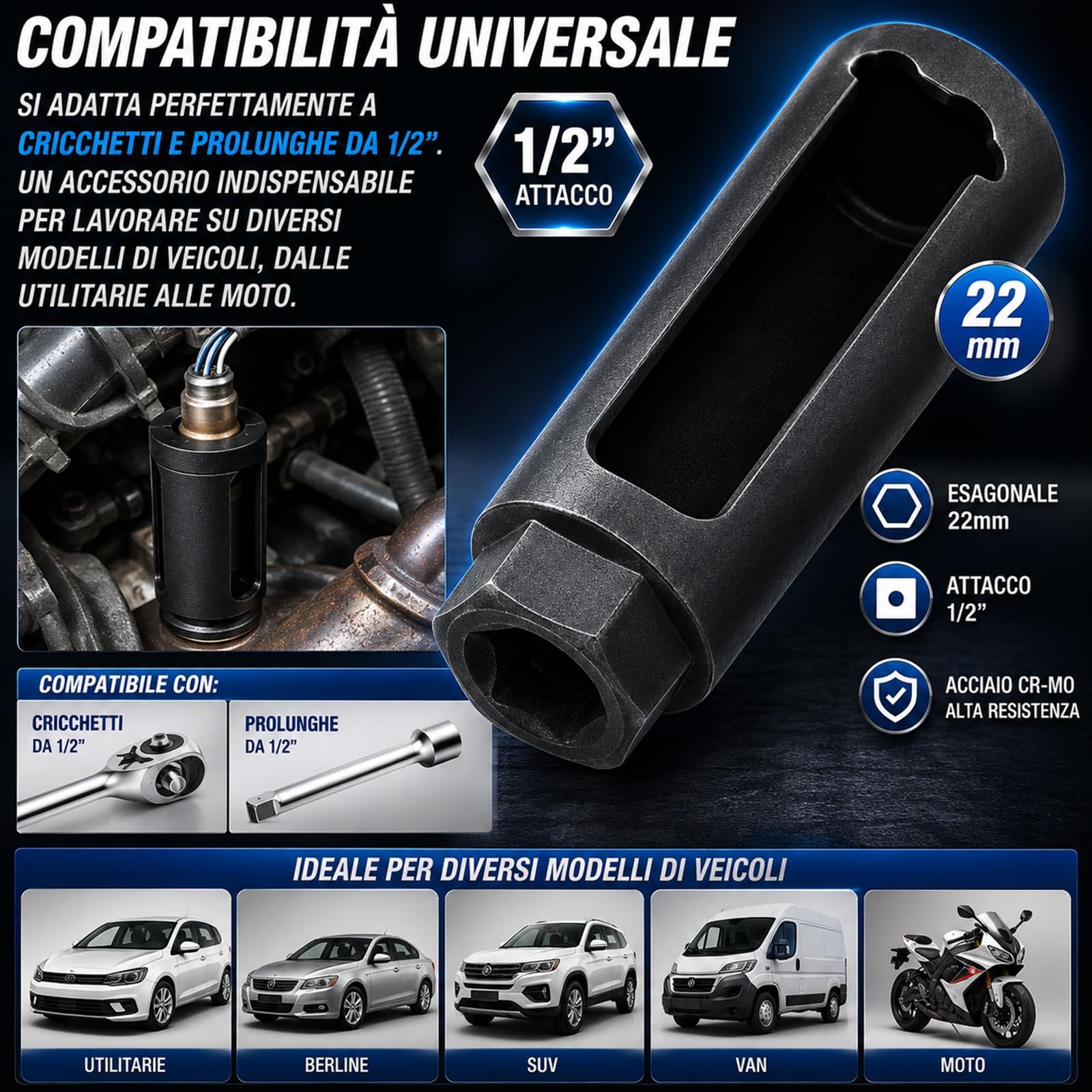 topolenashop Chiave a Bussola Esagonale 22mm 1/2” per Sonda Lambda Lunga – Utensile Professionale per Sensore Ossigeno Auto e Moto in Acciaio Cr-V – Strumento per Rimozione Sonda Codice 134422