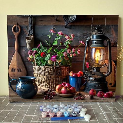Kits de pintura por números para adultos, estilo rústico, kit de pintura al óleo sobre lienzo con pinceles de pintura y pigmento acrílico, lámparas