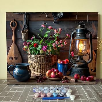 Rustic Style DIY Oil Painting on Canvas 16x20 Inch Paint by Numbers for Adults Kids Flower Oil Lamp and Apple Acrylic Pigment Watercolor Paint Kits Retro European Style Home Wall DecorFrameless