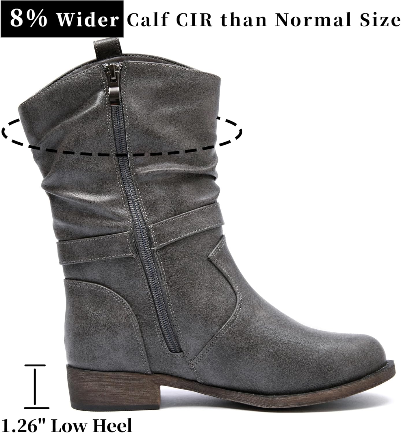 Veittes Women's Mid-Calf Cowboy Cowgirl Boots with Low Chunky Heel, Side Zipper, Motorcycle Style, Classic Round Toe,Fashion Western (Black/Dark Brown/Grey) Boots
