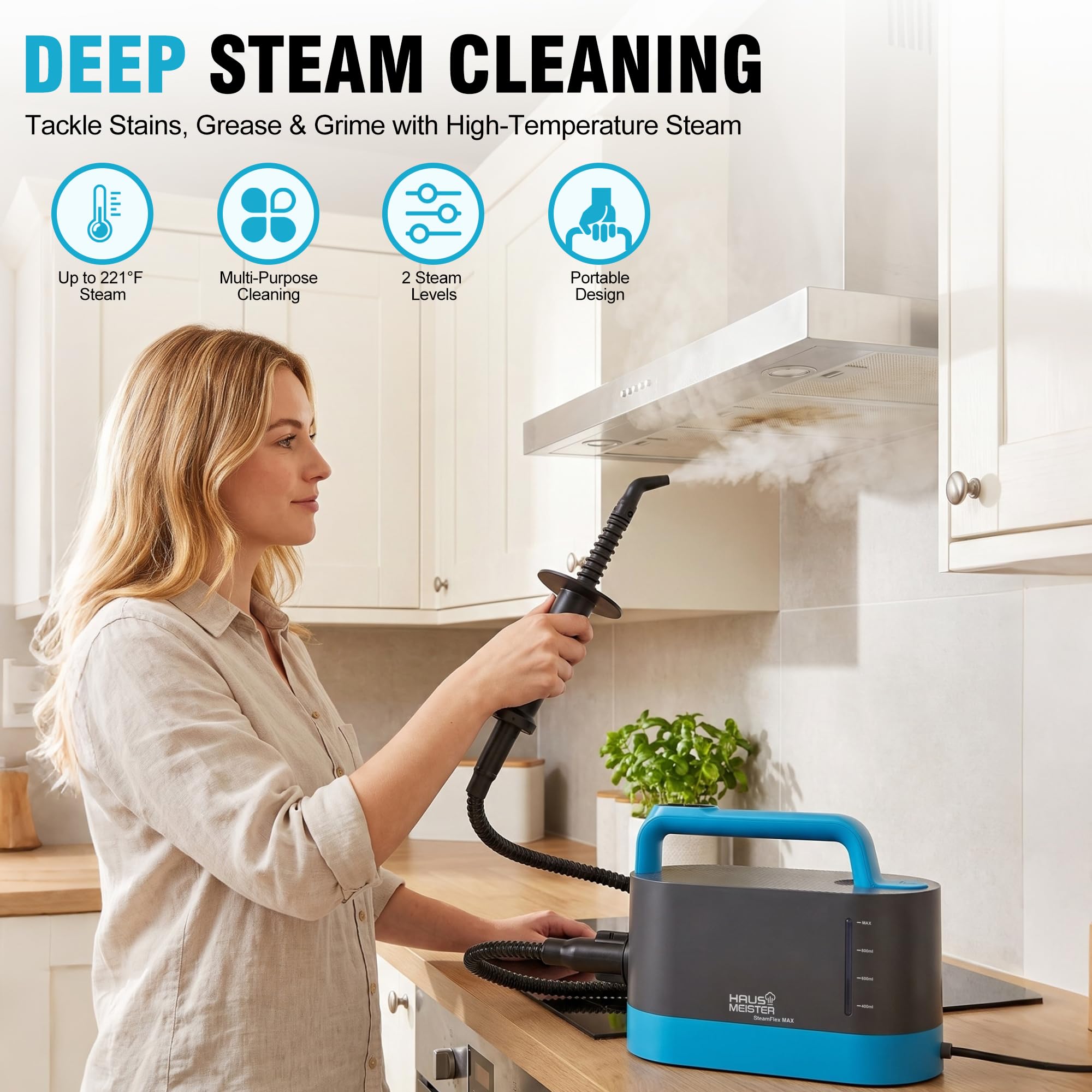 HAUS MEISTER Steamflex Max - Limpiador de vapor portátil de 1200 W para el hogar, tanque de 1 litro, accesorios para cocina, baño, azulejos, lechada, tapicería y ventanas