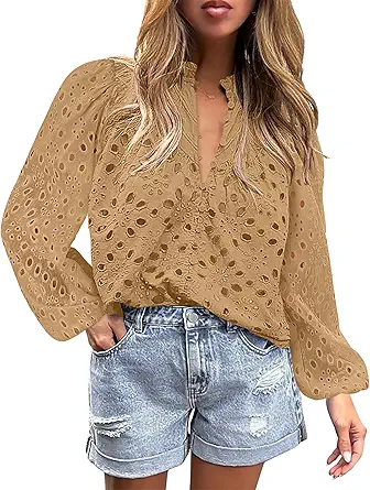 BETTE BOUTIK Women's Long Short Sleeve Tops 2025 Dressy Casual Button Hollow Out Lace Embroidered Blouses Shirts