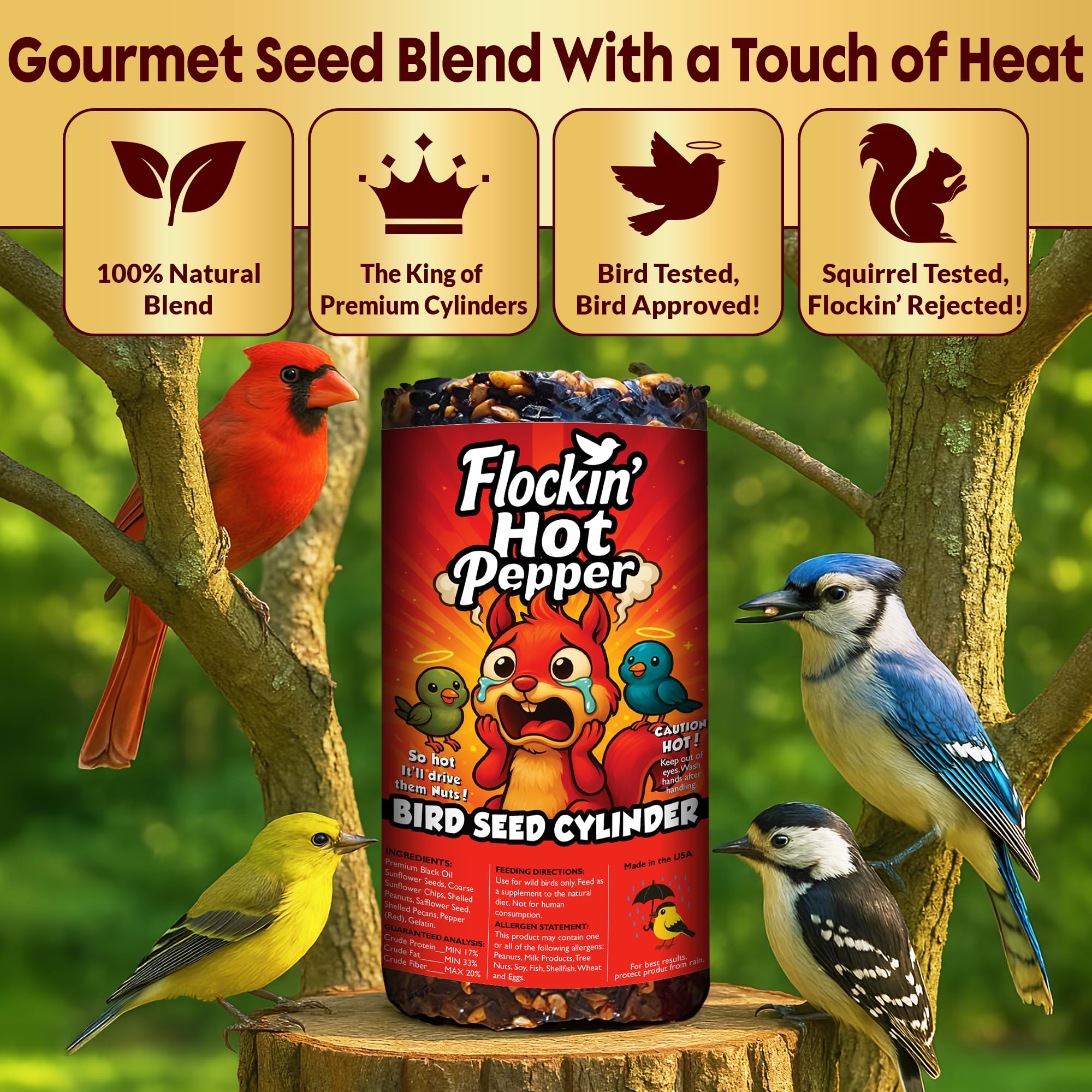 Paprika Vogelsamenzylinder mit Loch - Eichhörnchensicher Vogelsamen Würzig - Perfekt für Kardinäle, Spechte, Finken, Spatzen & mehr - Wildvogelfutter ohne Füllstoff - Hergestellt in den USA (1,7 kg