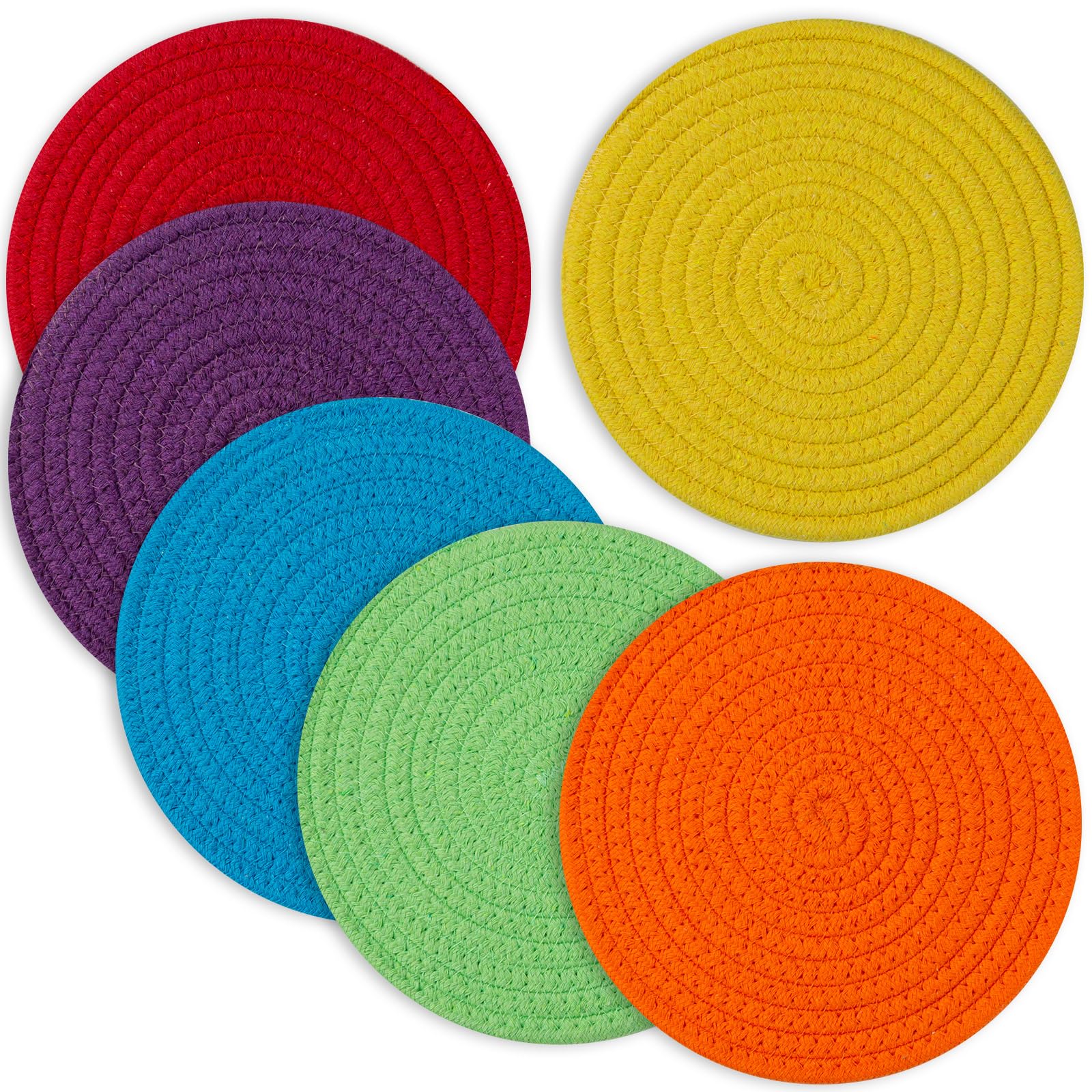 Trivets for Hot Dishes, Pots and Pans, 8 Inches Hot Pads 6 Pcs, Pot Holders for Kitchen, Heat Resistant Mat Protect Counter, Coasters Set Home Essentials Farmhouse Decor (Rainbow)