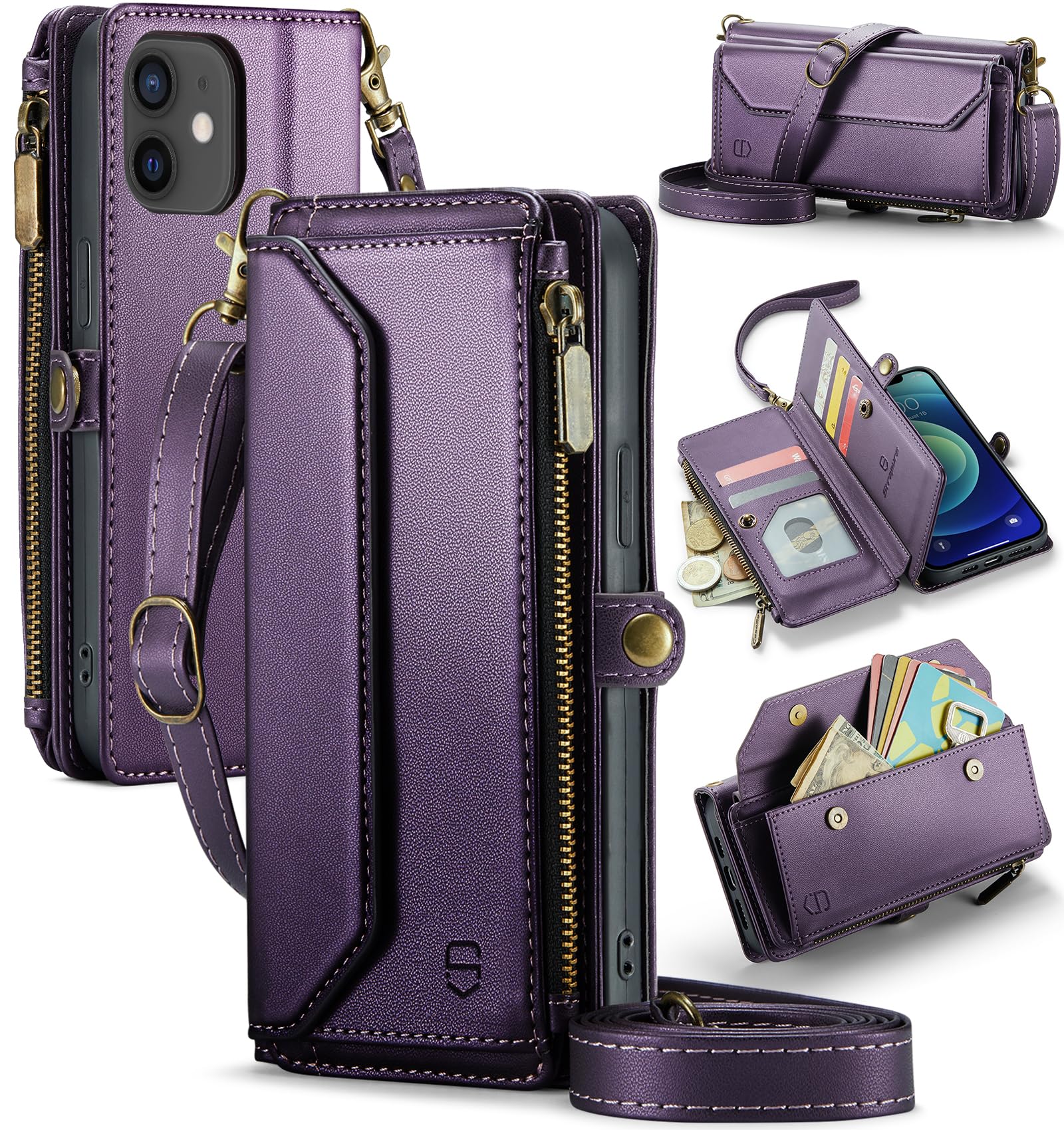Strapurs Wallet Case Compatible with iPhone 12 / iPhone 12 Pro RFID Blocking 7-Card Holder PU Leather Magnetic Snap Shoulder Strap Zipper Pocket Phone