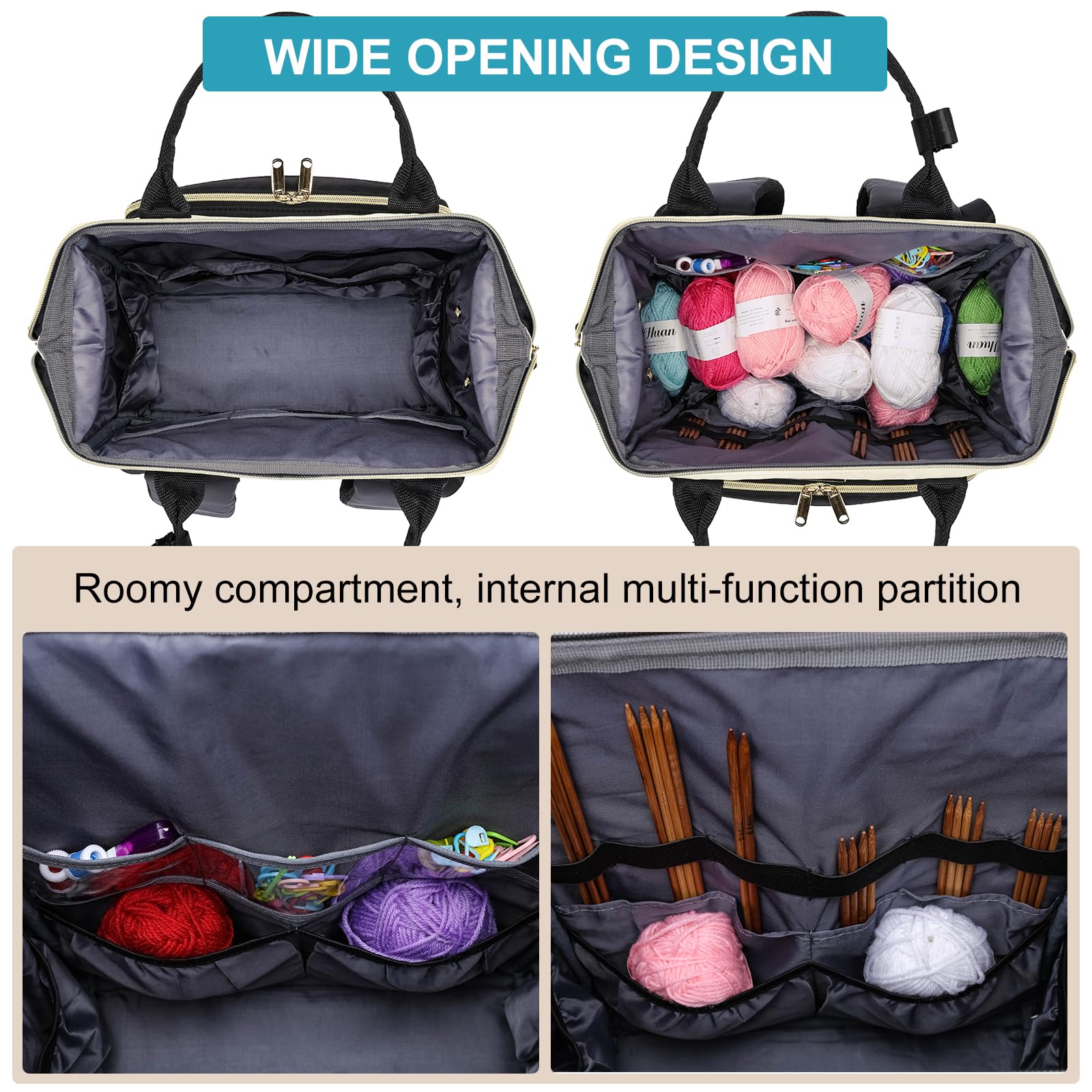 Kuosdaz Crochet Bag Backpack, Large Yarn Storage Crochet Organizer, Christmas Gifts Travel Crochet Backpack for Women, Knitting & Crochet Accessories for Crochet Hooks, Black & White