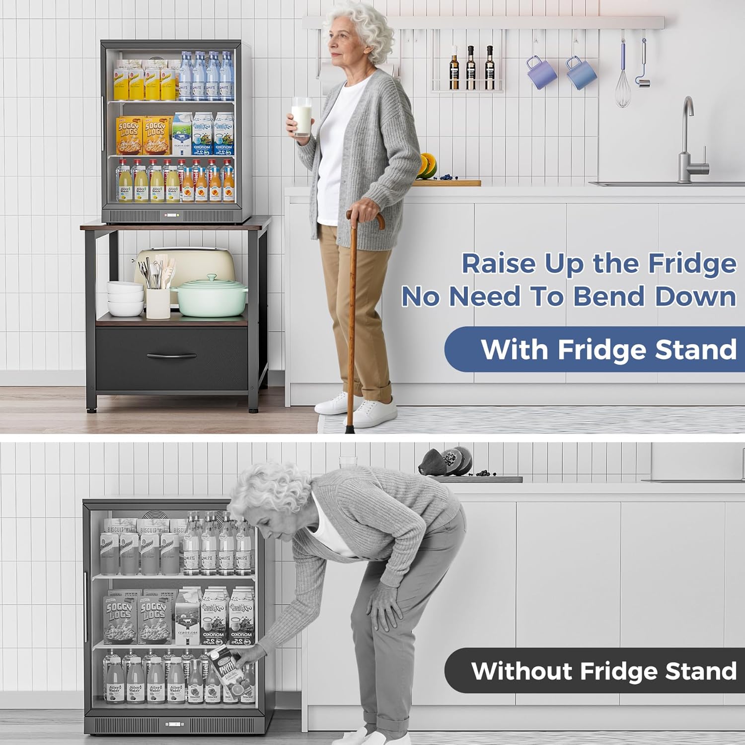 COOLBEBE Mini Fridge Stand with Fabric Drawer, Heavy Duty 220 lbs Load Capacity Beverage Refrigerator Cabinet, Wood Top Storage Table with Hidden Storage for Dorm, Office, Bedroom, Black Walnut