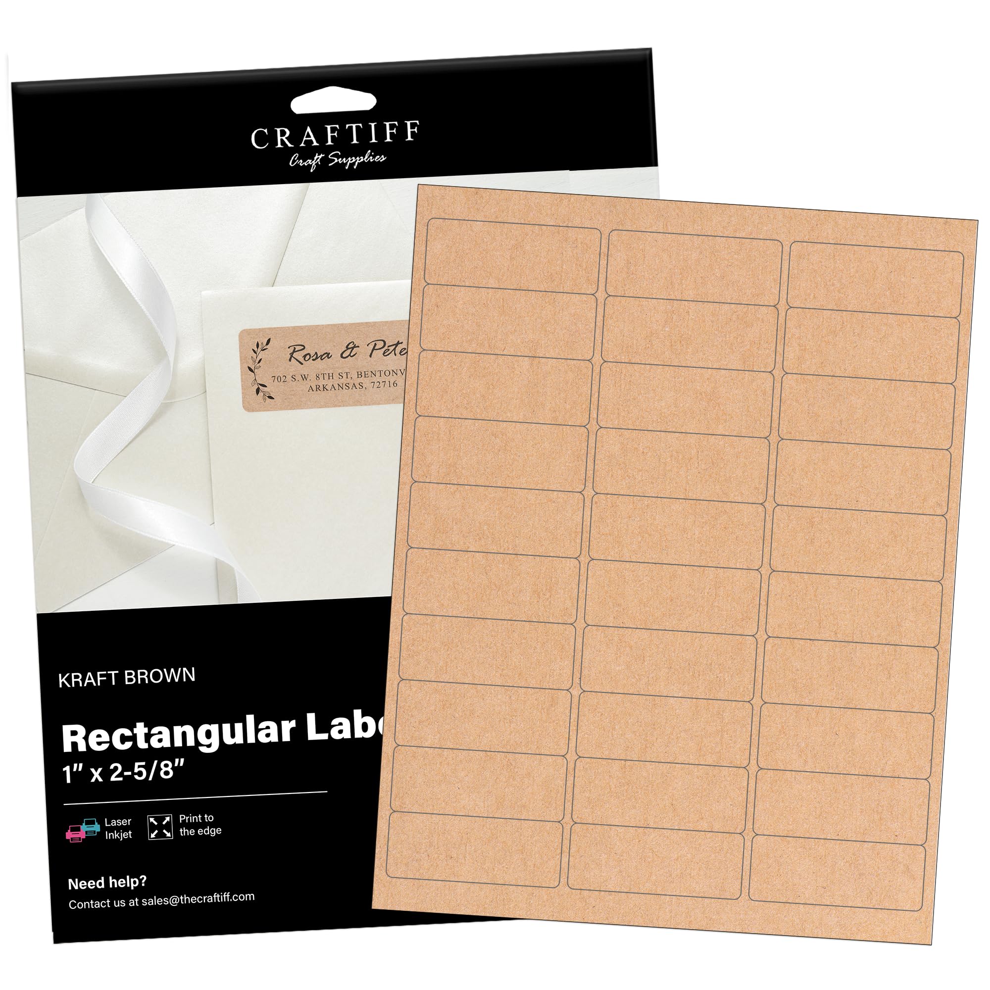 1 x 2 5/8 inch Rectangle Stickers Kraft Labels Printable Paper Brown Color, 750 Labels, 25 Sheets, for Inkjet and Laser Printer, Vinyl Sheets Packaging Address Mail Business Craftiff