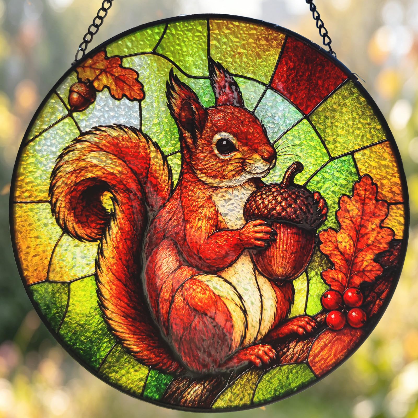 Stained Glass Squirrel Suncatcher, Woodland Animal Window Hanging, Autumn Acorn Squirrel Decor for Garden, Sunroom, Oak Leaf Acorn Wildlife Art for Conservatory Lounge,Nature Lover Gift