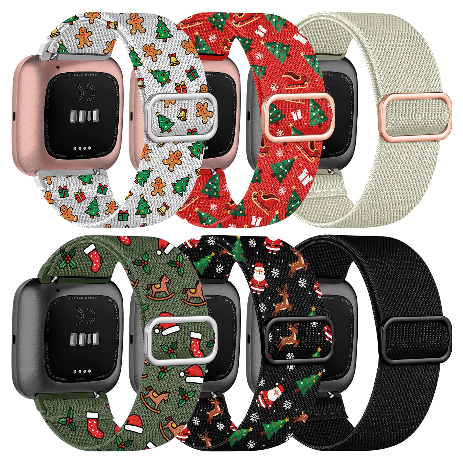 6 Pack Christma Elastic Bands Compatible with Fitbit Versa 2/Versa 1/Lite/SE for Women Men, Adjustable Stretchy Nylon Braided Strap Solo Loop Sport Replacement Wristband for Versa Smart Watch