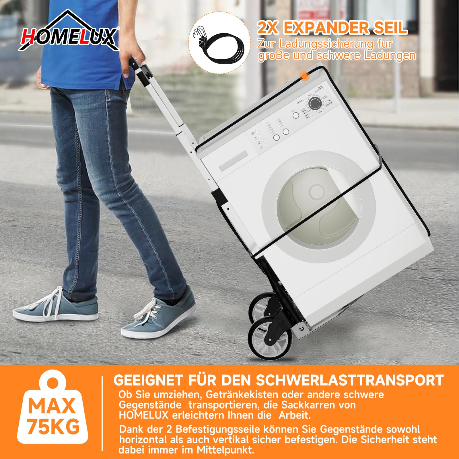 Homelux Sackkarre Klappbar bis 75 kg belastbar | Aluminium Transportkarre Klappbar, Mit 2 Expanderseil & Höhenverstellbarer Griff