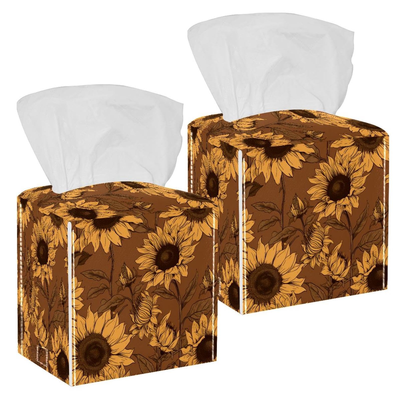 Sunflowers Tissue Box Cover, 2 Pack PU Leather Square Facial Tissue Dispenser Box holder for Home Office Car