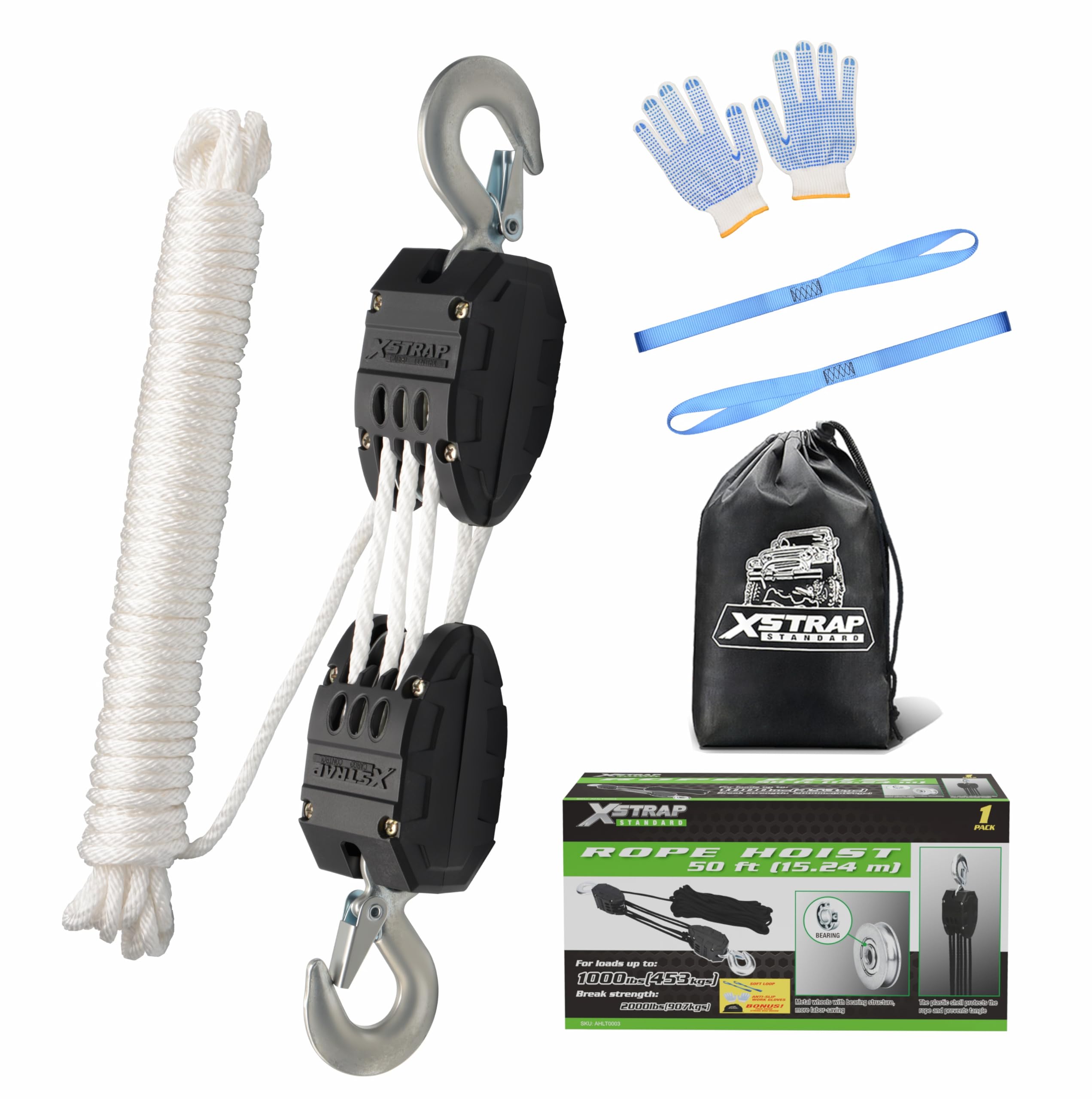 XSTRAP STANDARD Heavy-Duty 2,000LB 50 Feet Rope Hoist Pulley 1 Ton Wheel Block and Tackle System 5:1 Ratio Lifting Power with 2PK 18 Inch Soft Loops 50FT White