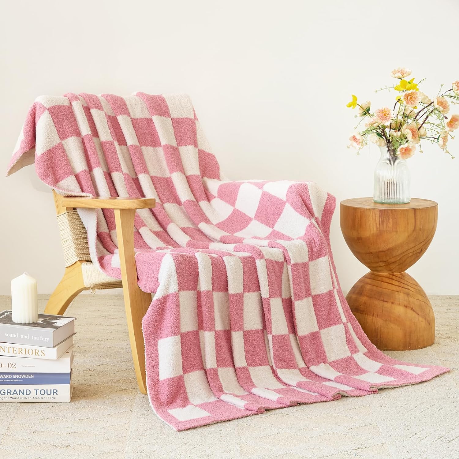 Checkered Blanket, Cozy Soft Throw Blankets for Couch Bed, Fluffy Plaid Lightweight Comfy Travel Picnic Blanket Gifts for Sofa Chair Living Room Camping (Checkered Pink, Throw 50"x60")