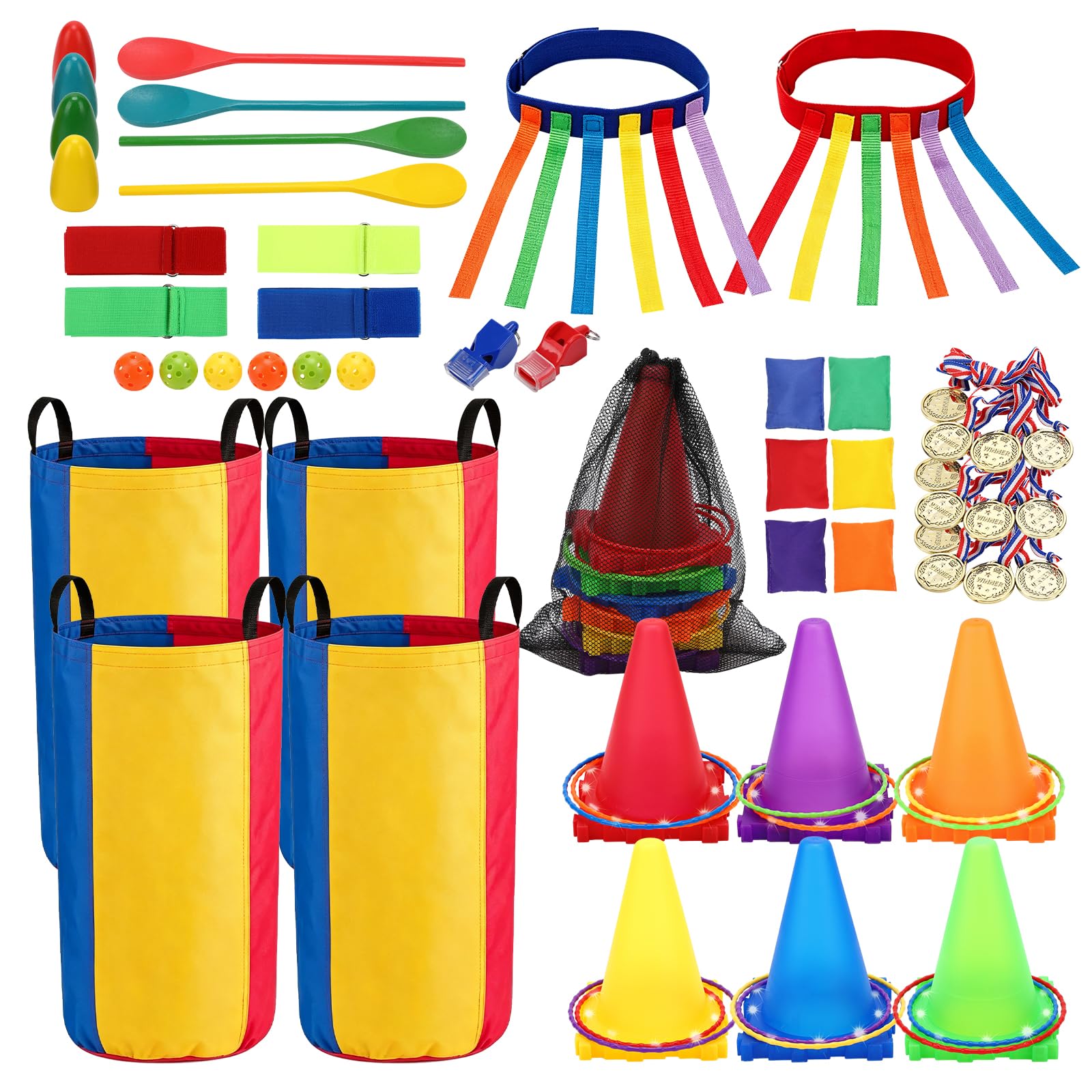 Outdoor Karnevals Spiele, Sackhüpfen Säcke, Eierlauf Spiel, Ringwurfspiel, Kartoffelsackbeutel, 3-beiniges Rennband, Light Up Pylonen Kinder Outdoor Spiele, und Feldtag, Familientag, Hof, Rasen