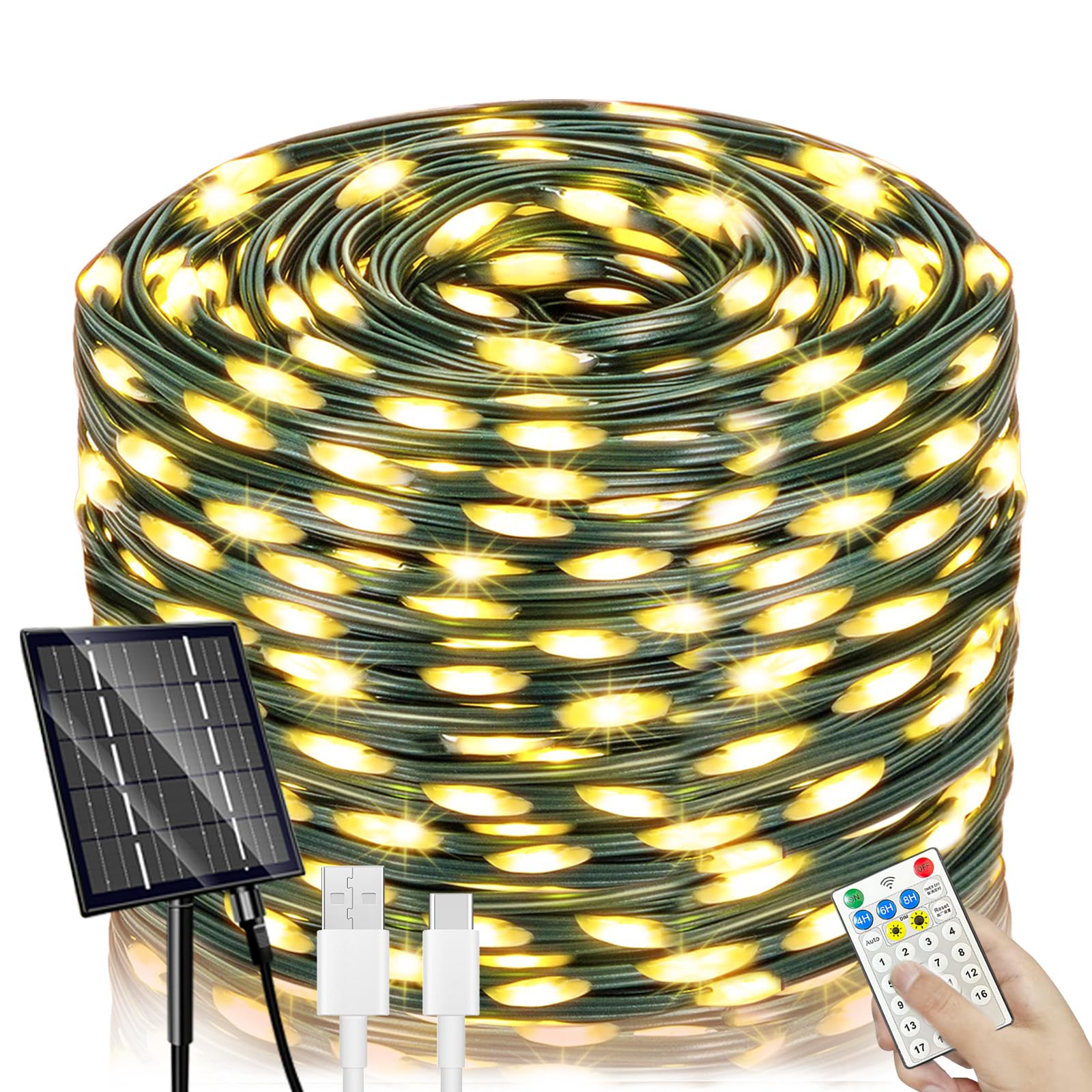 SOLARBABY Luci Natale Esterno Solare,66m 640 LED Catena Luminosa Esterno Solare Impermeabile con Telecomando,19 Modalità Luci Esterno Energia Solare Decorative per Giardino Patio,Bianco Caldo