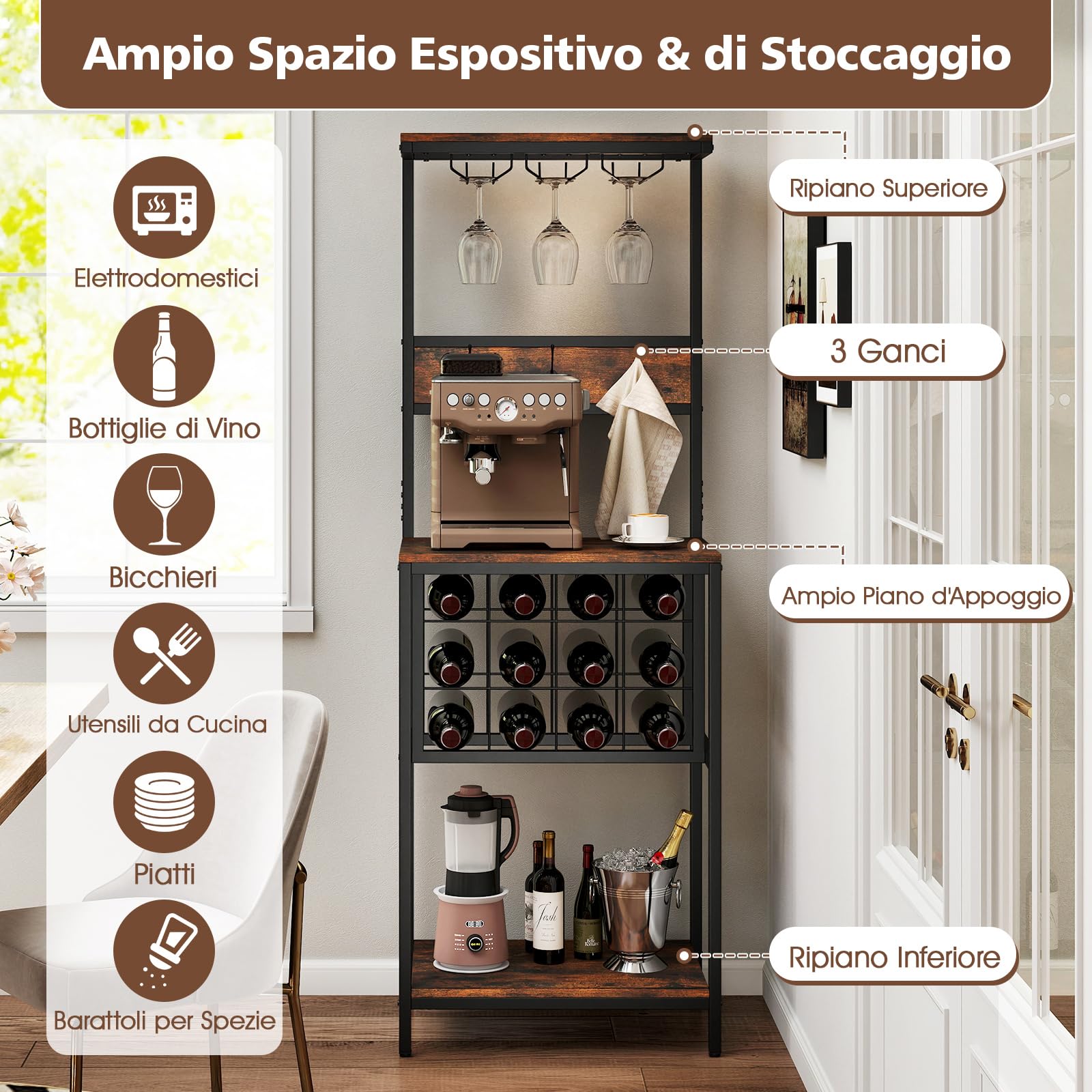 Mobiletto Porta Vino con 16 Scomparti per Bottiglie, Multifunzionale come Highboard per Sala da Pranzo o Libreria per Soggiorno, 50x40x180 cm, Bianco