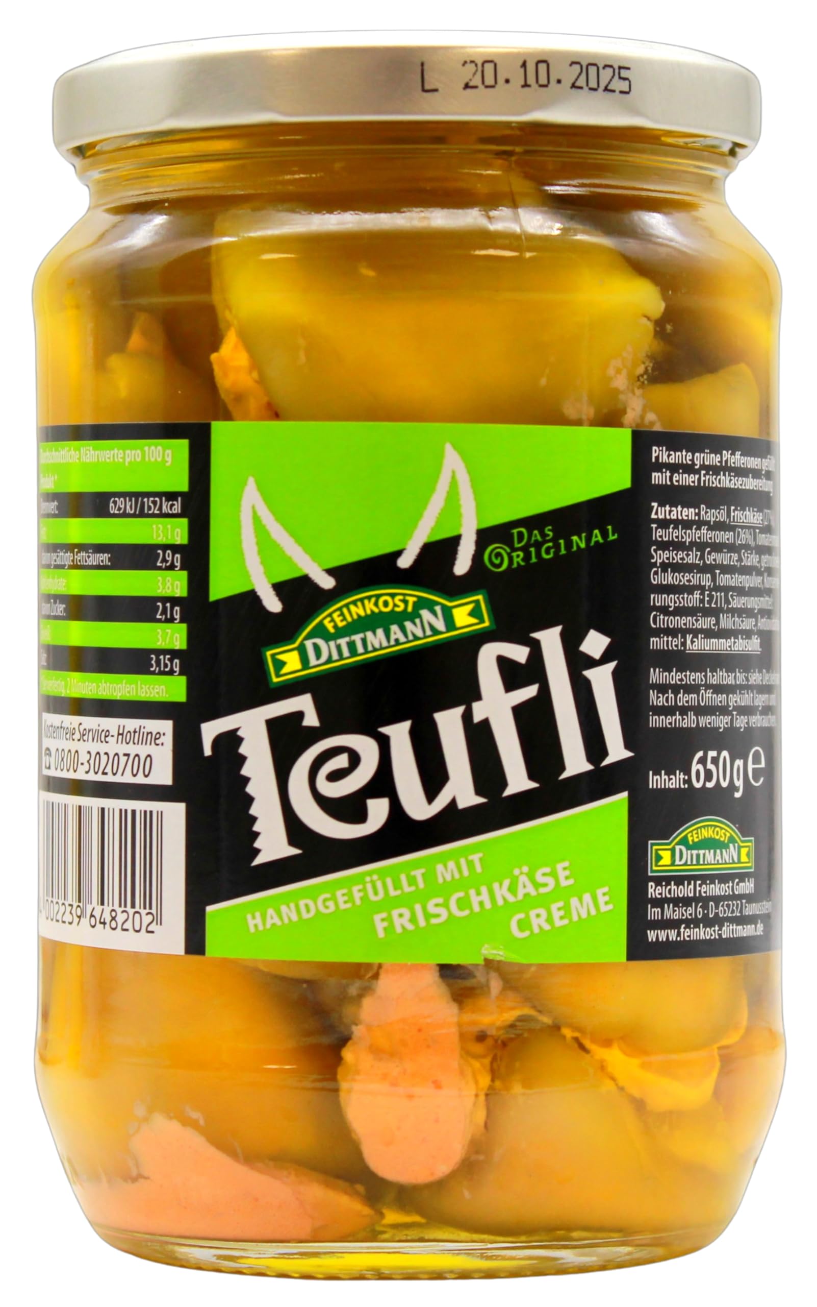 Feinkost Dittmann Teufli pikante grüne Pfefferonen mit Frischkäse gefüllt, 6er Pack