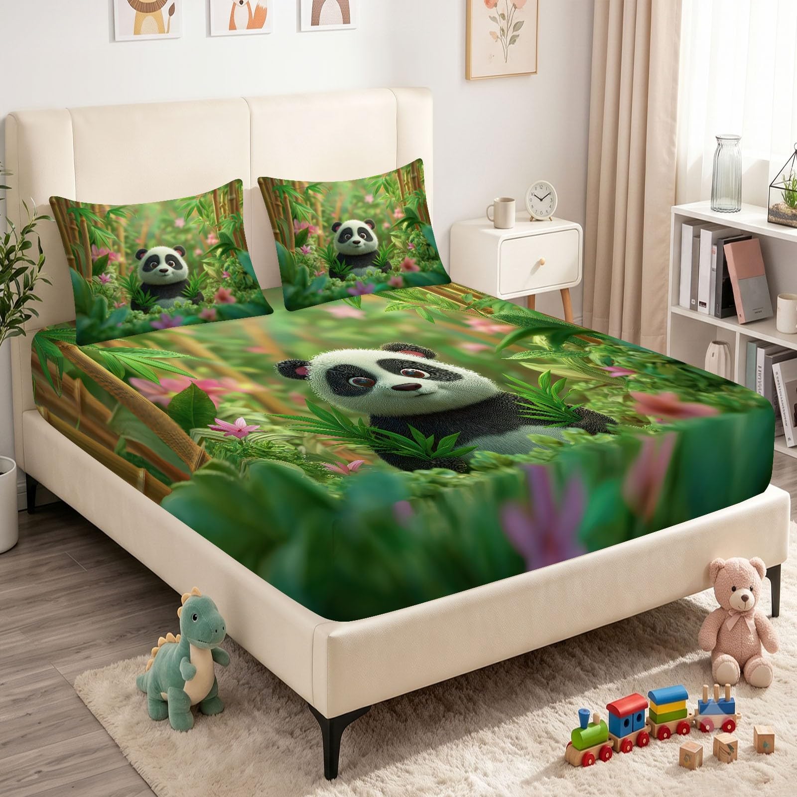 Prześcieradła z gumką z motywem leśnych kwiatów, gigantyczna panda, 30 cm, głębokie dopasowanie, miękka szczotkowana mikrofibra, oddychające, odporne na blaknięcie, kreskówkowe zwierzę, zestaw