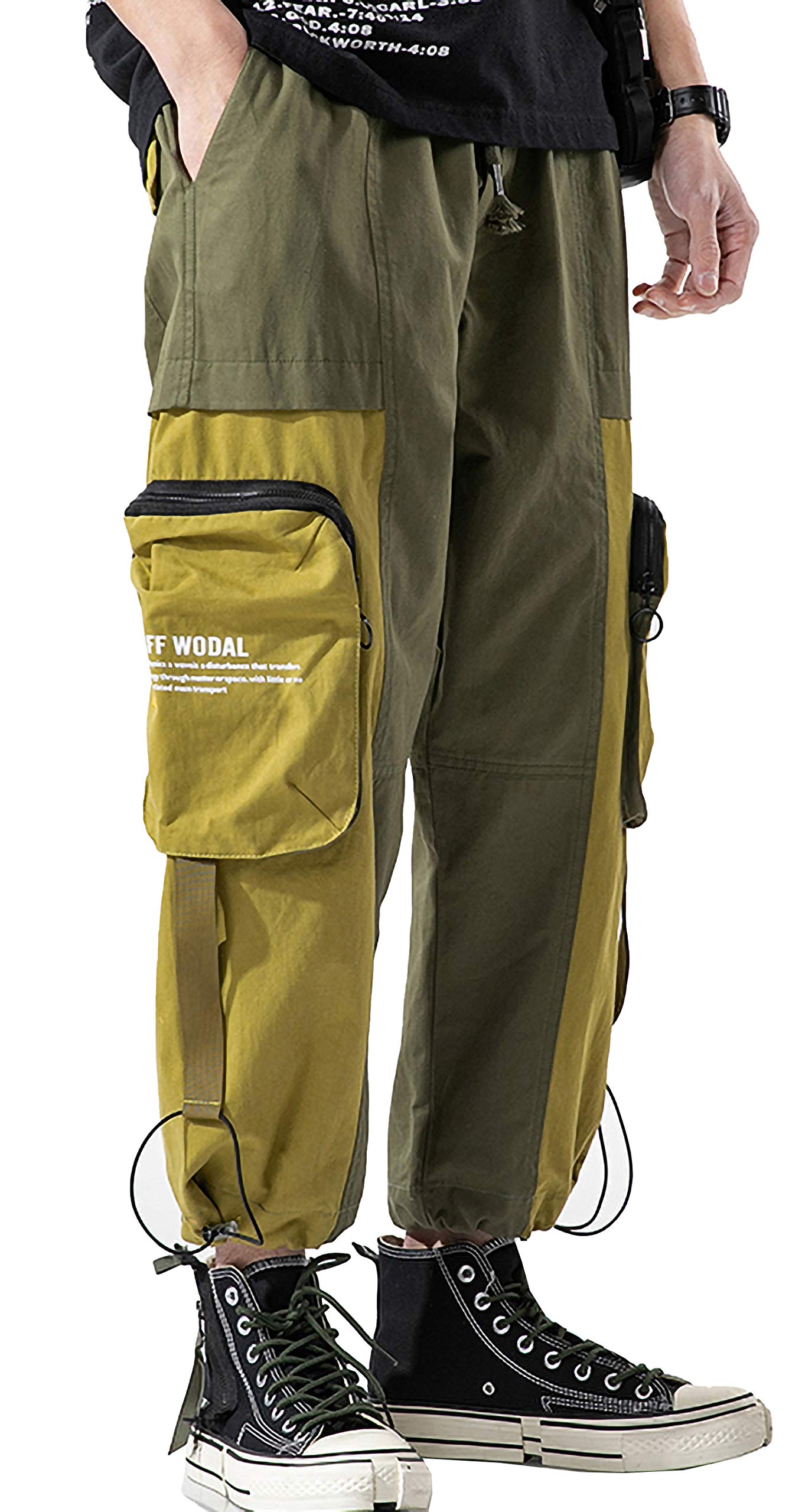 Men's Two Tone Patchwork Elastic Waist Jogger Cargo Ninth Pants with Multi Pocket