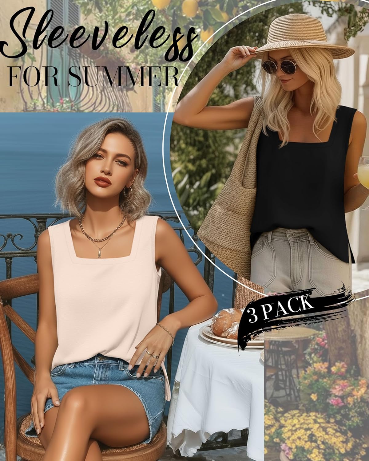 Huukeay 3 Pack Summer Women's Tank Tops Sleeveless Shirt Casual Loose Fit Square Neck Tank Top with Side Slits - Image 4